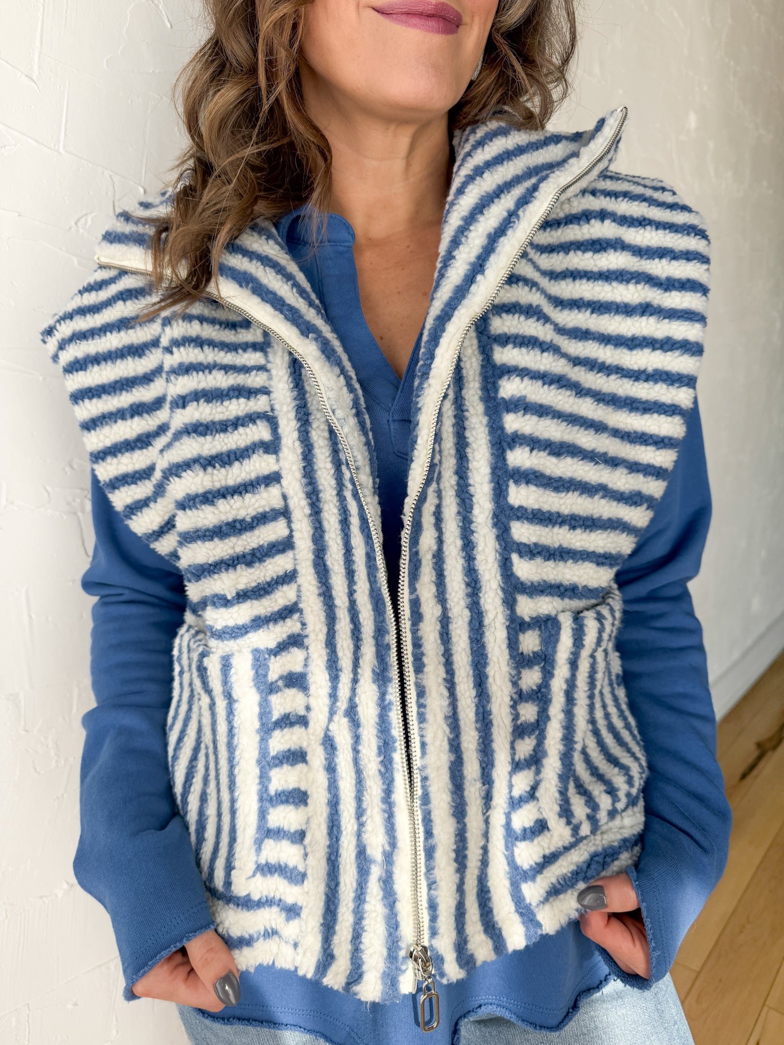 Stripe Zip Up Vest- Blue - Ana Patricia Boutique