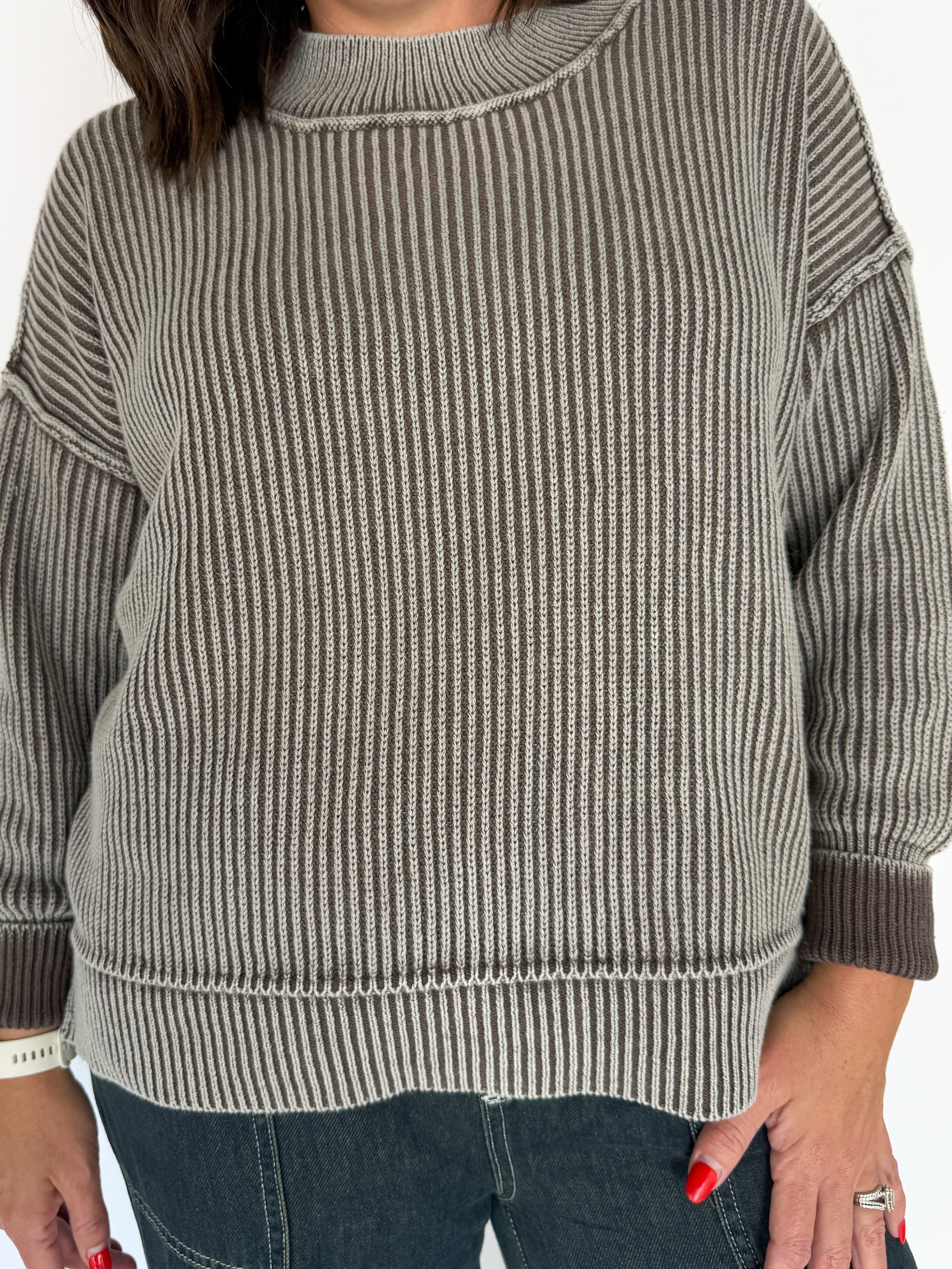 Washed Side Slit Sweater-Mocha - Ana Patricia Boutique