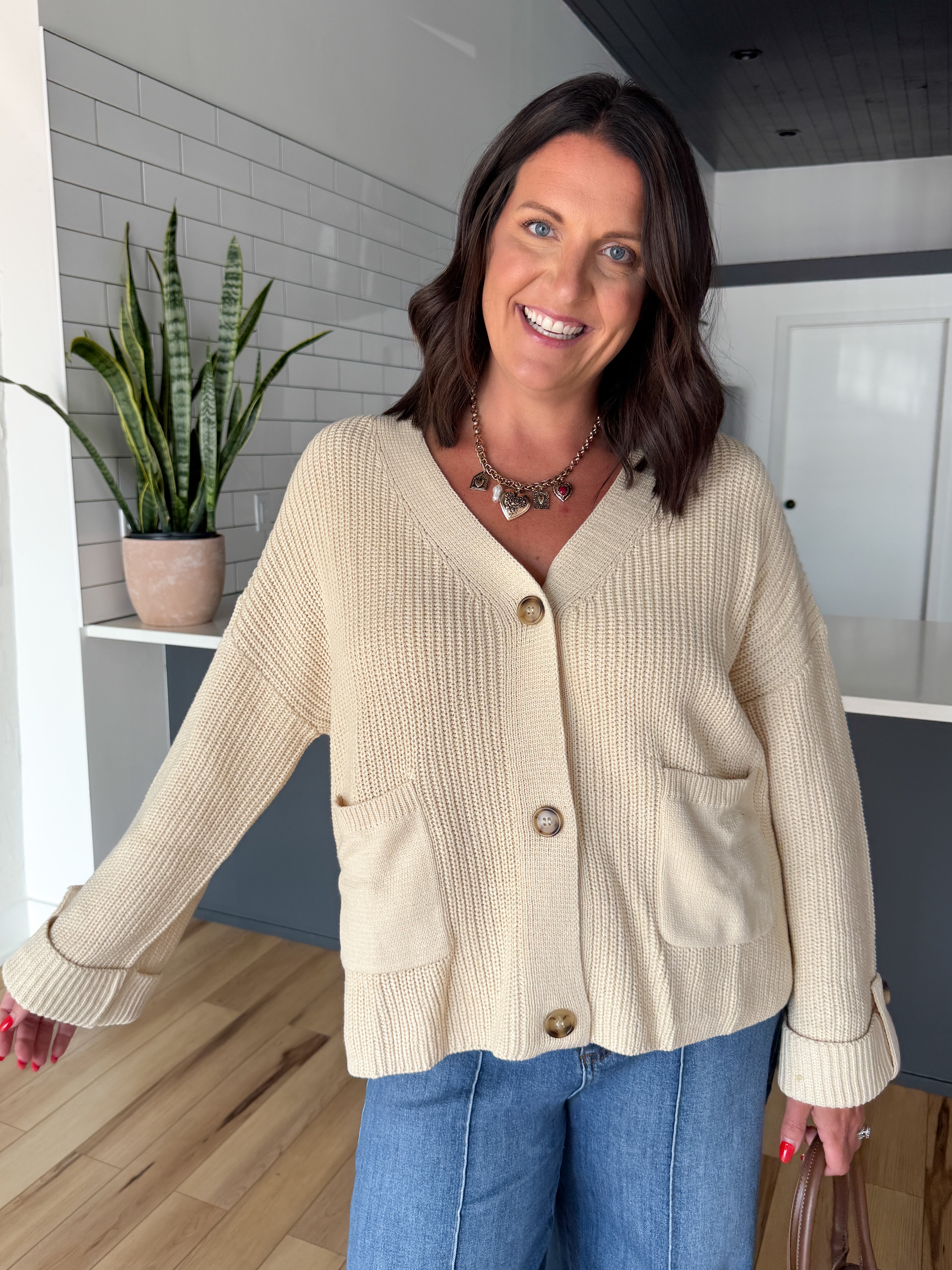 Oversized V Neck Cardigan- Cream - Ana Patricia Boutique