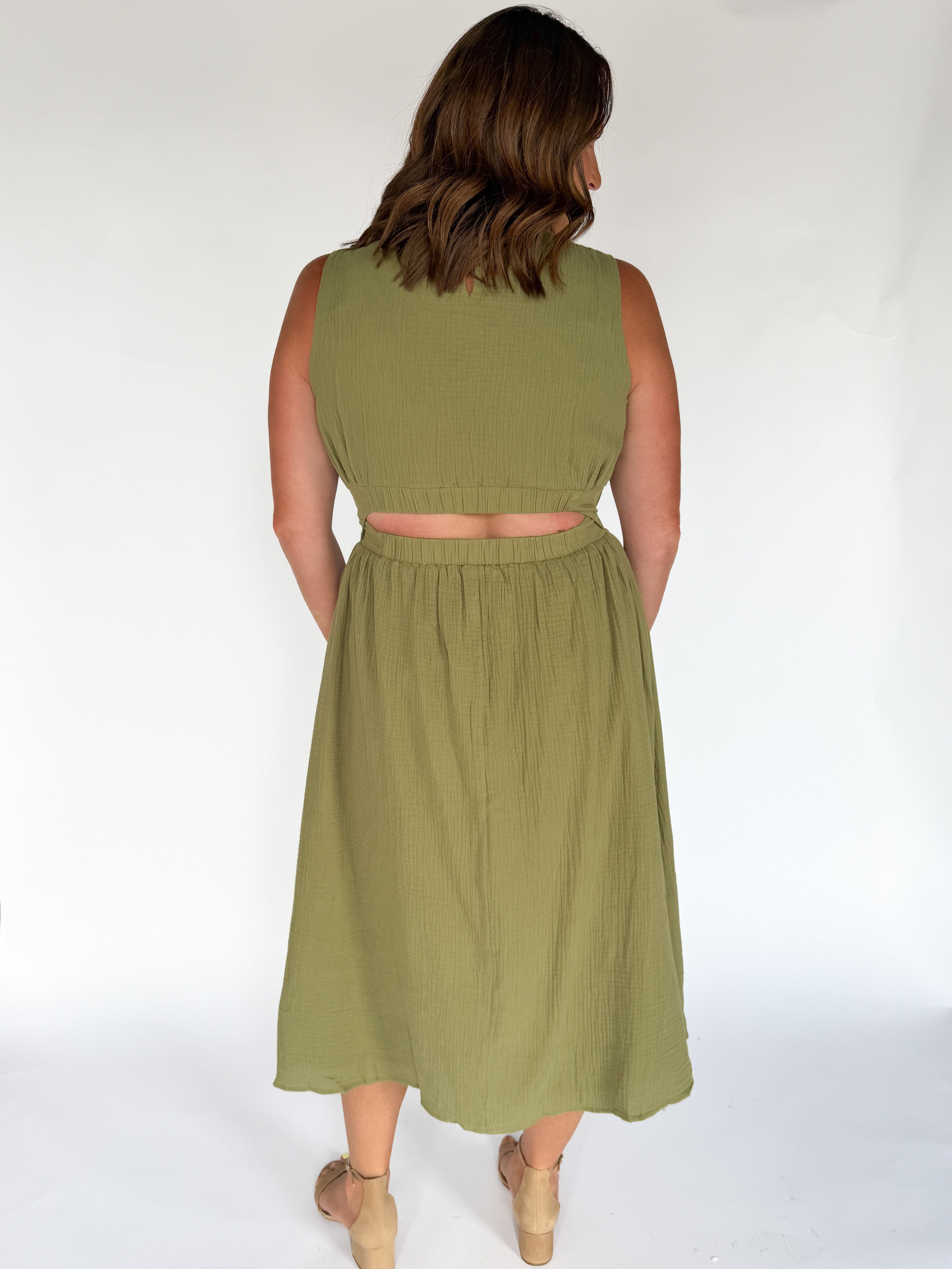 Cut Out Waist Midi Dress- Olive - Ana Patricia Boutique