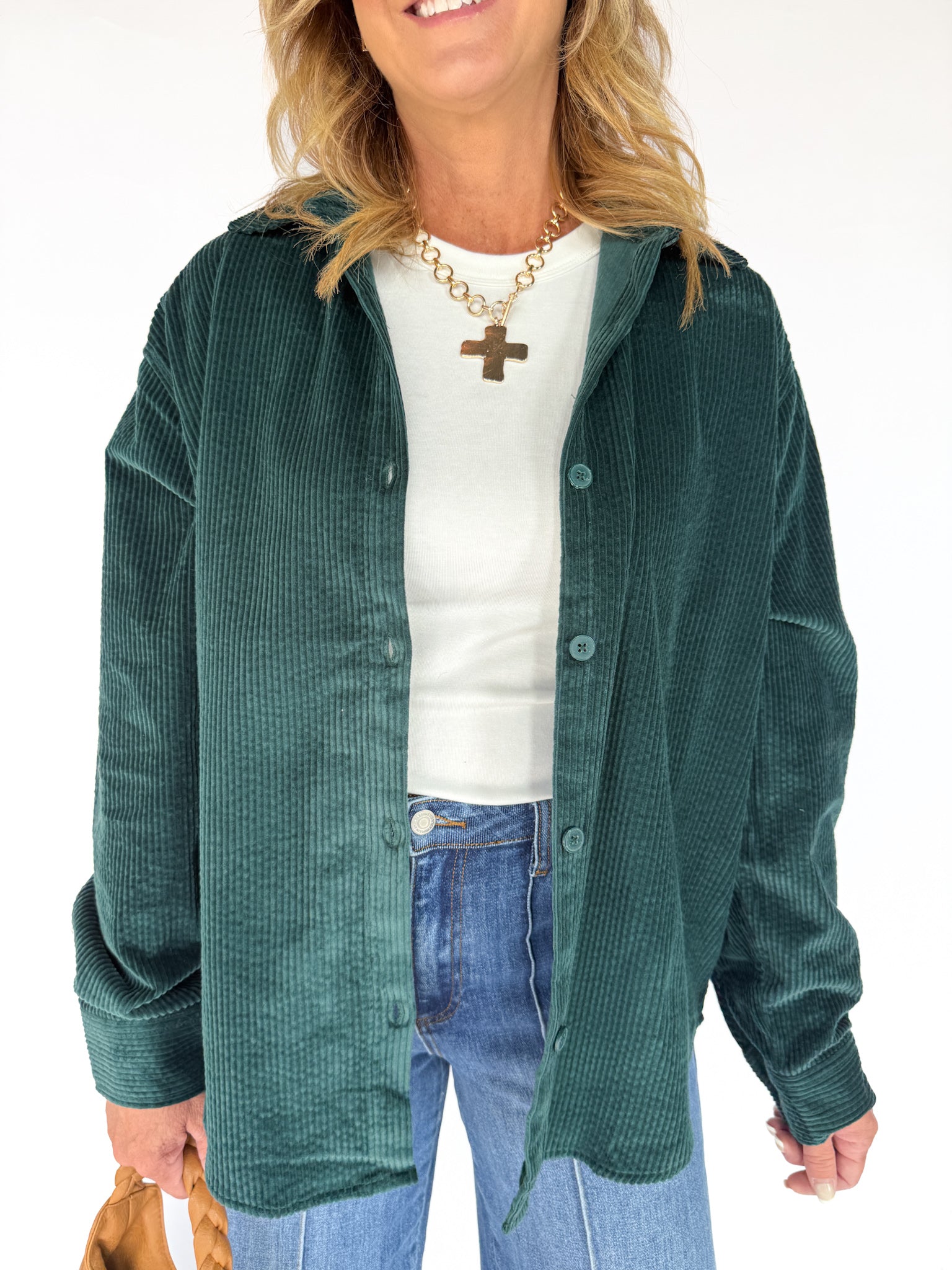 Corduroy Button Up Shirt- Forest Green - Ana Patricia Boutique