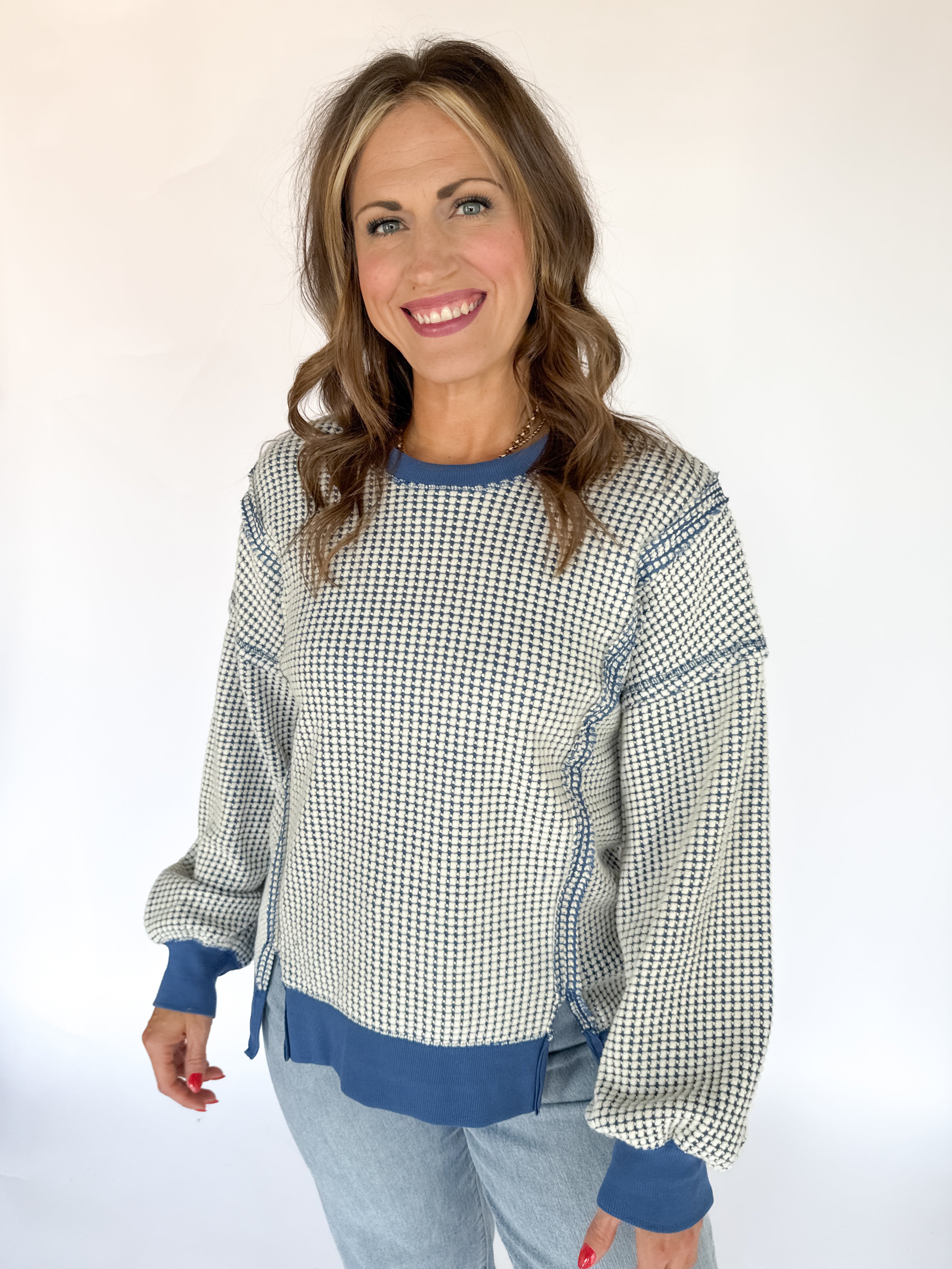 Oversized Waffleknit Pullover- Navy - Ana Patricia Boutique