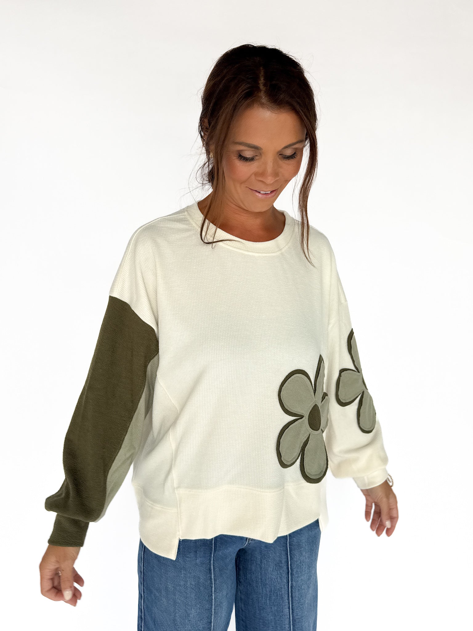 Flower Patchwork Pullover - Ivory/Olive - Ana Patricia Boutique