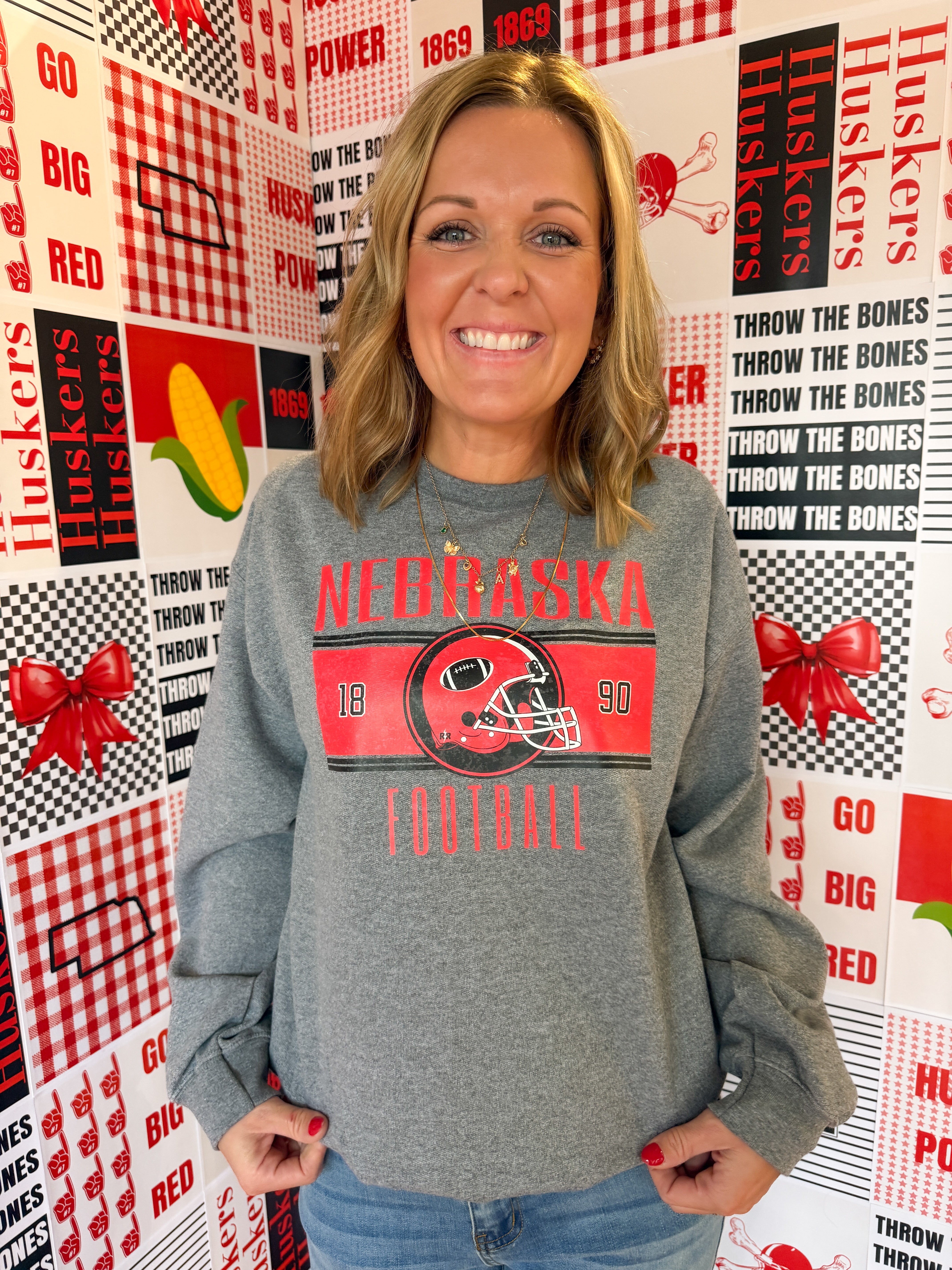 Nebraska Football Crewneck-Grey - Ana Patricia Boutique