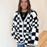 Checkered Sweater Cardigan- Blk/Wht