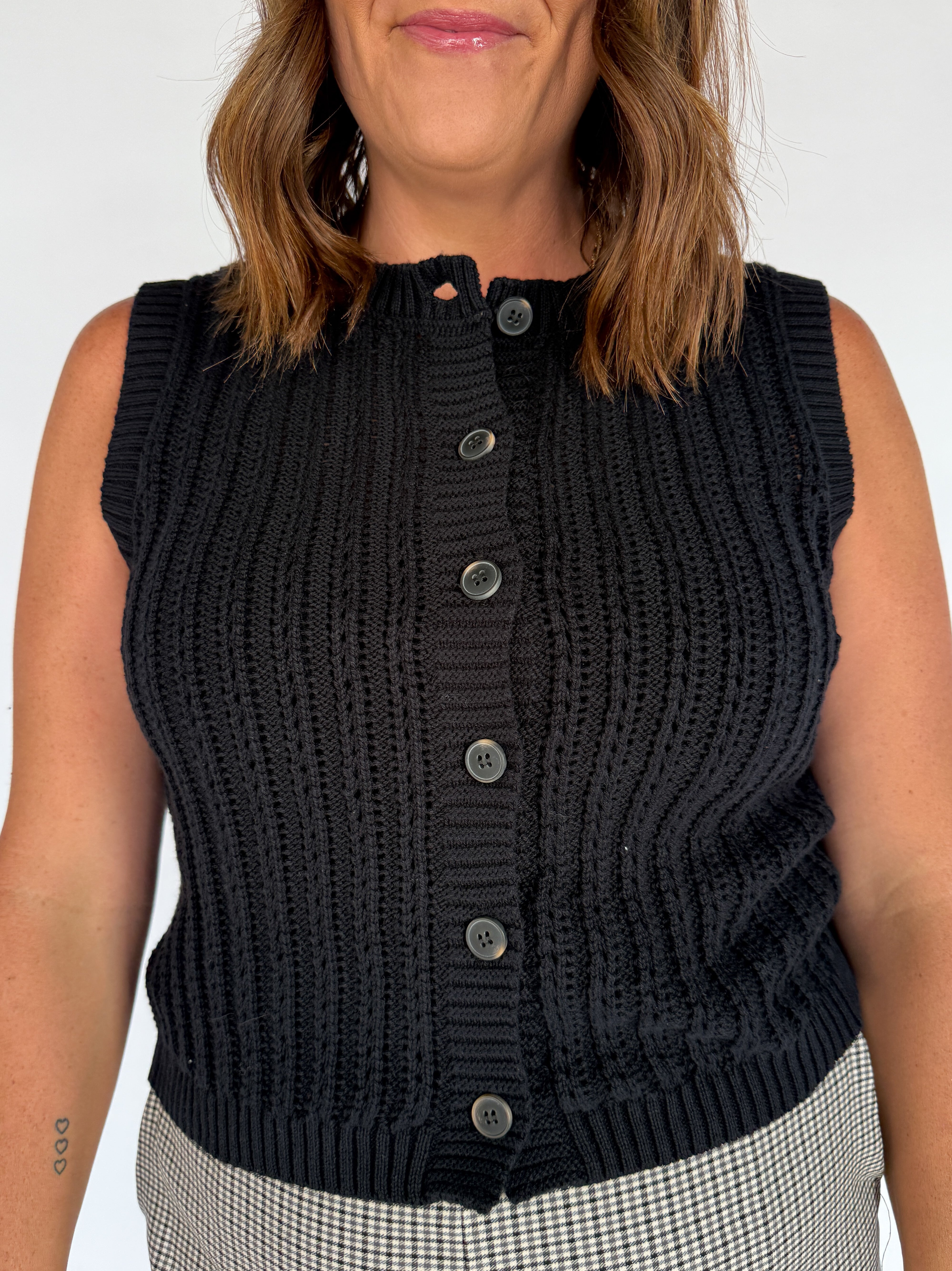 Crewneck Button Down Sweater Top- Black - Ana Patricia Boutique
