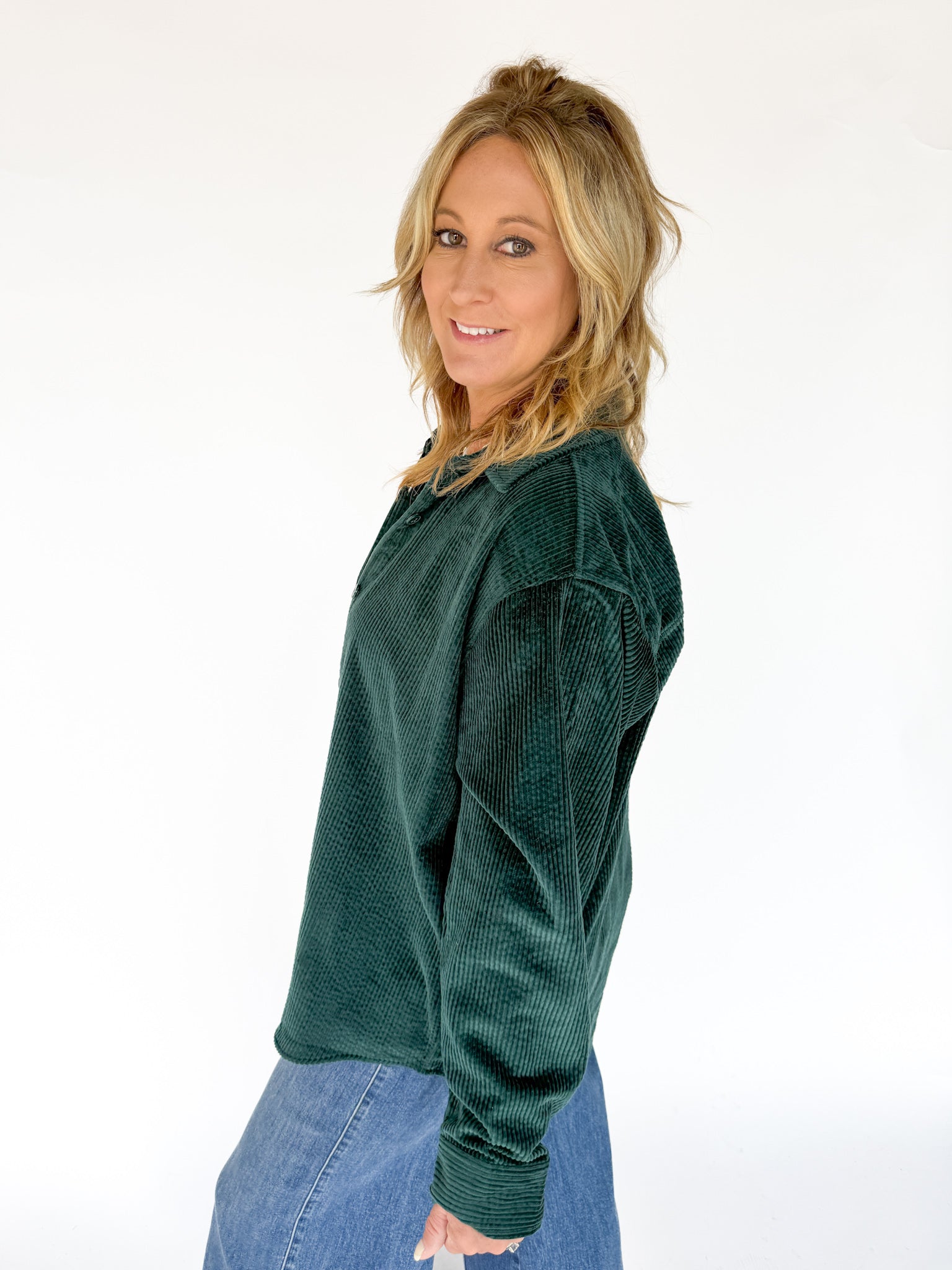 Corduroy Button Up Shirt- Forest Green - Ana Patricia Boutique