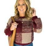 Plaid Crewneck Sweater- Burgundy - Ana Patricia Boutique