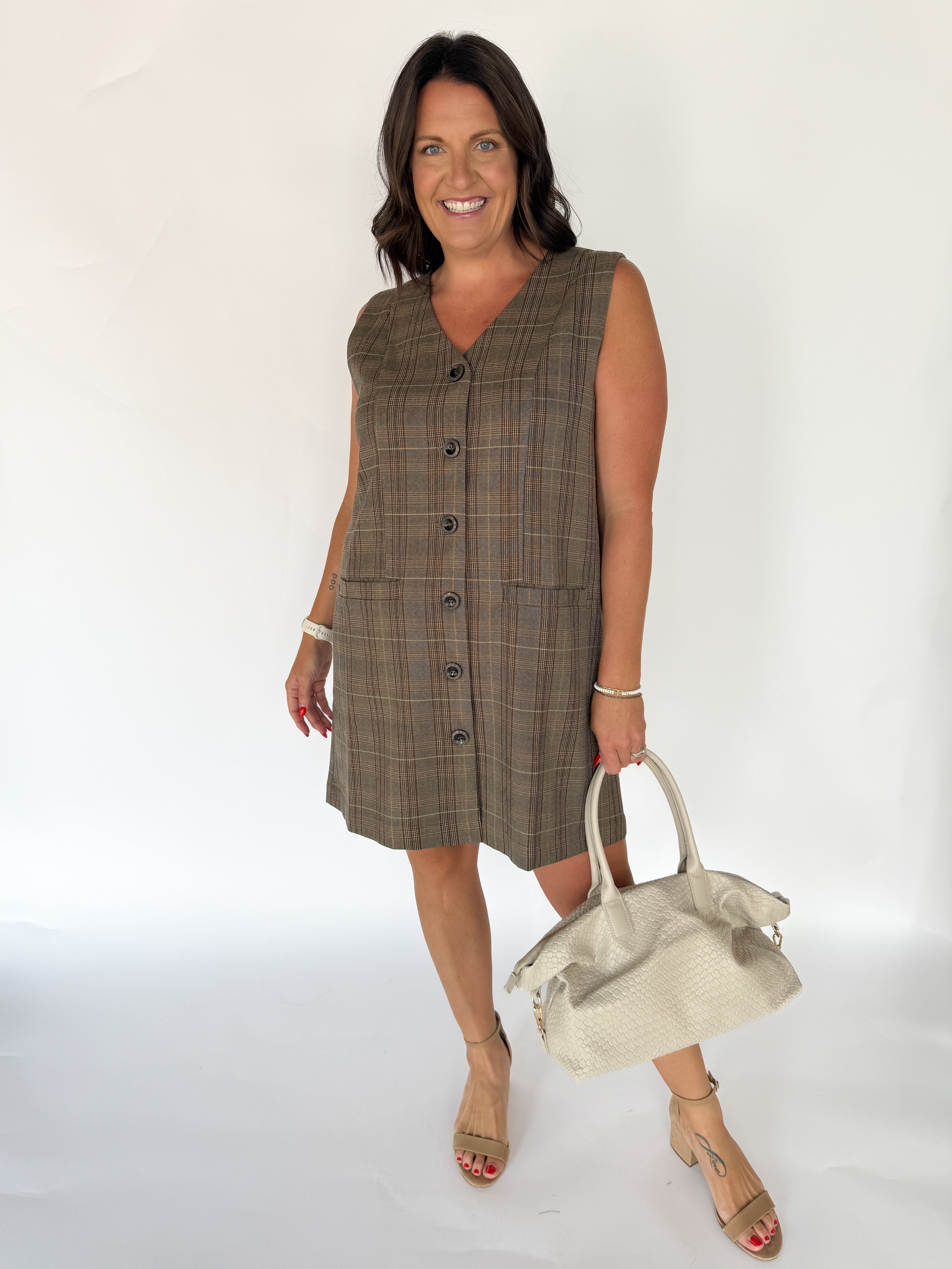 Button Down Plaid Dress- Brown - Ana Patricia Boutique