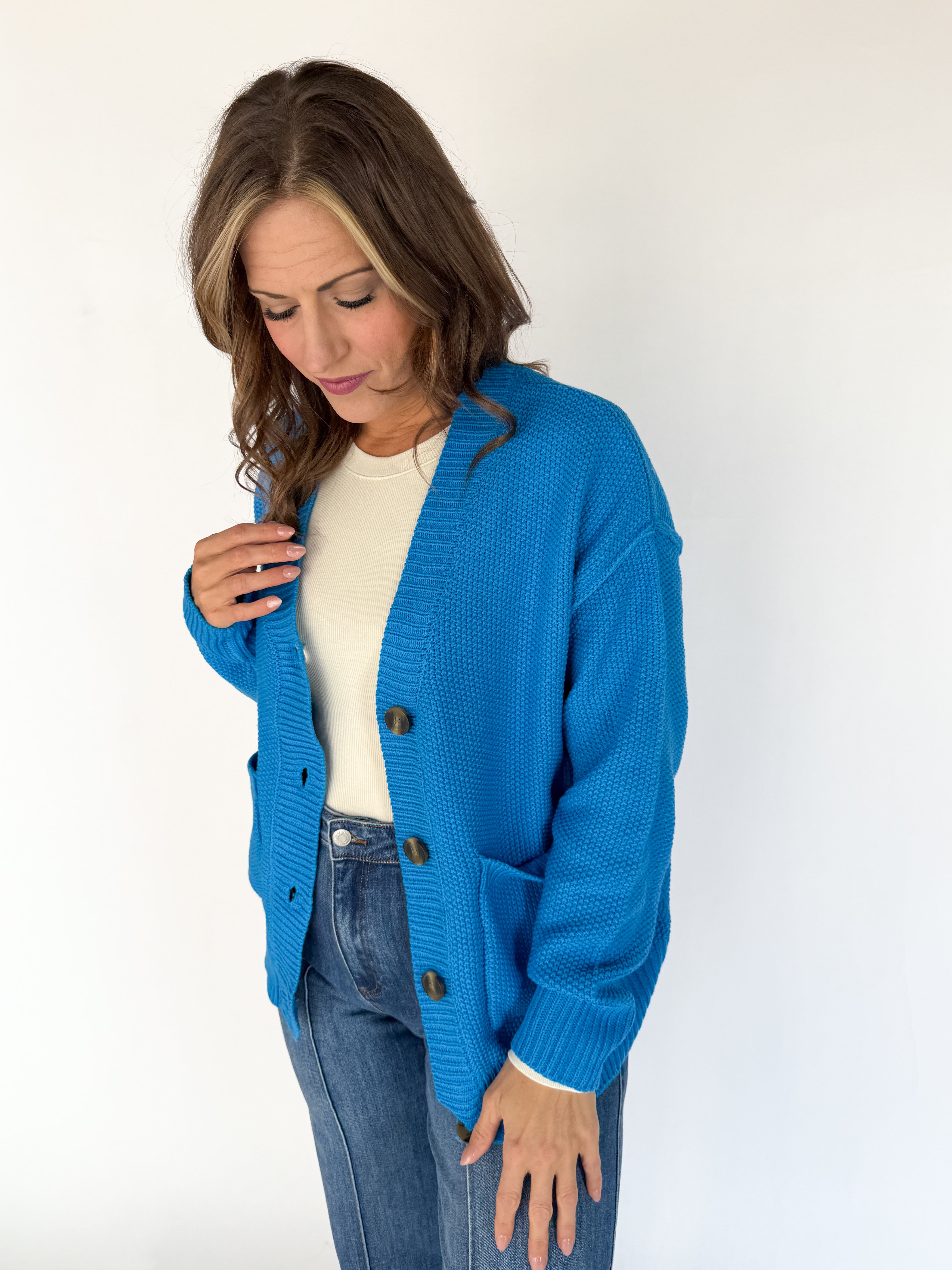 V Neck Waffleknit Cardigan- Blue - Ana Patricia Boutique