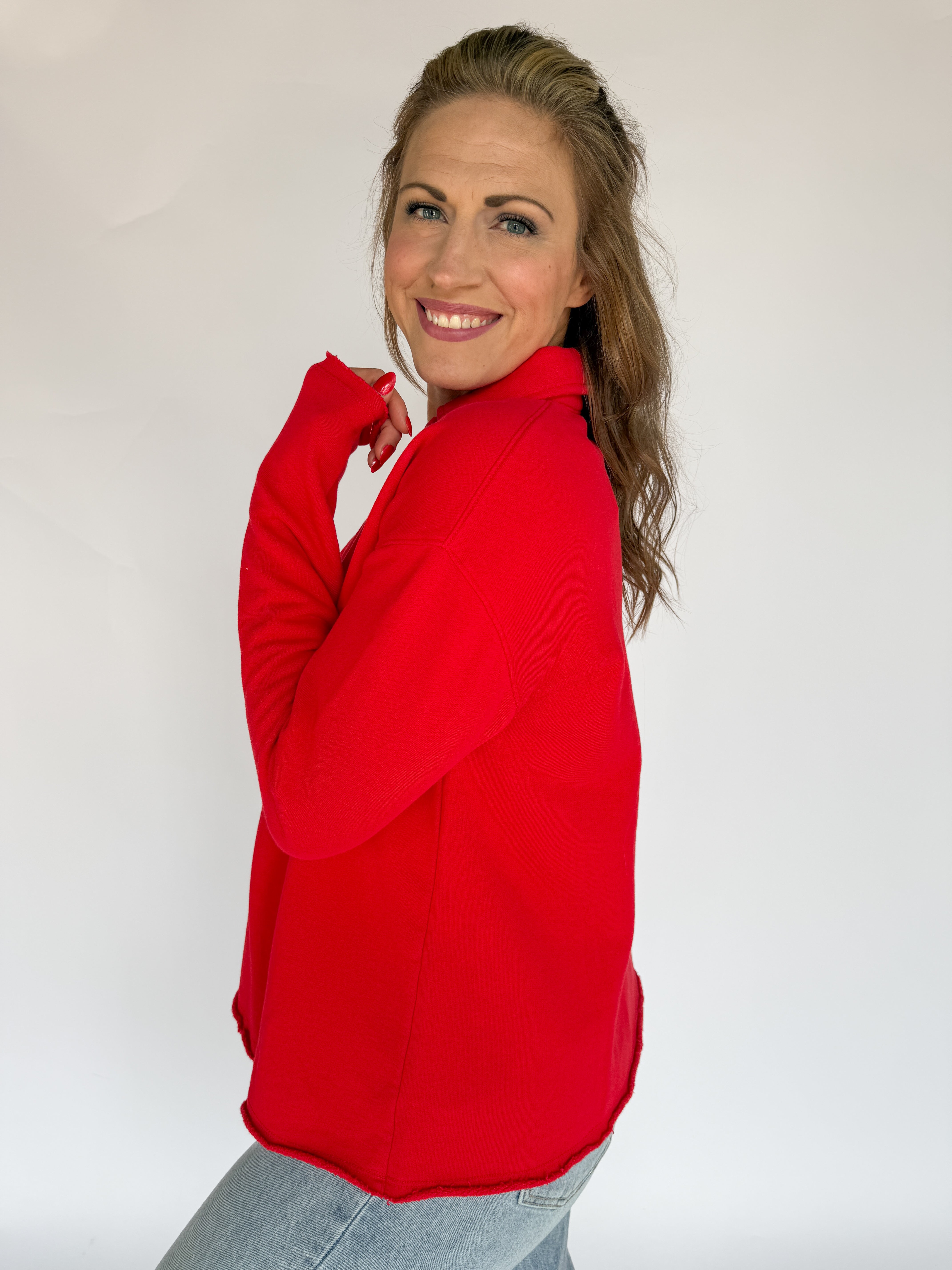 Long Sleeve Henley Top- Red - Ana Patricia Boutique