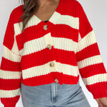 Stripe V Neck Cardigan- Red/Ivory - Ana Patricia Boutique
