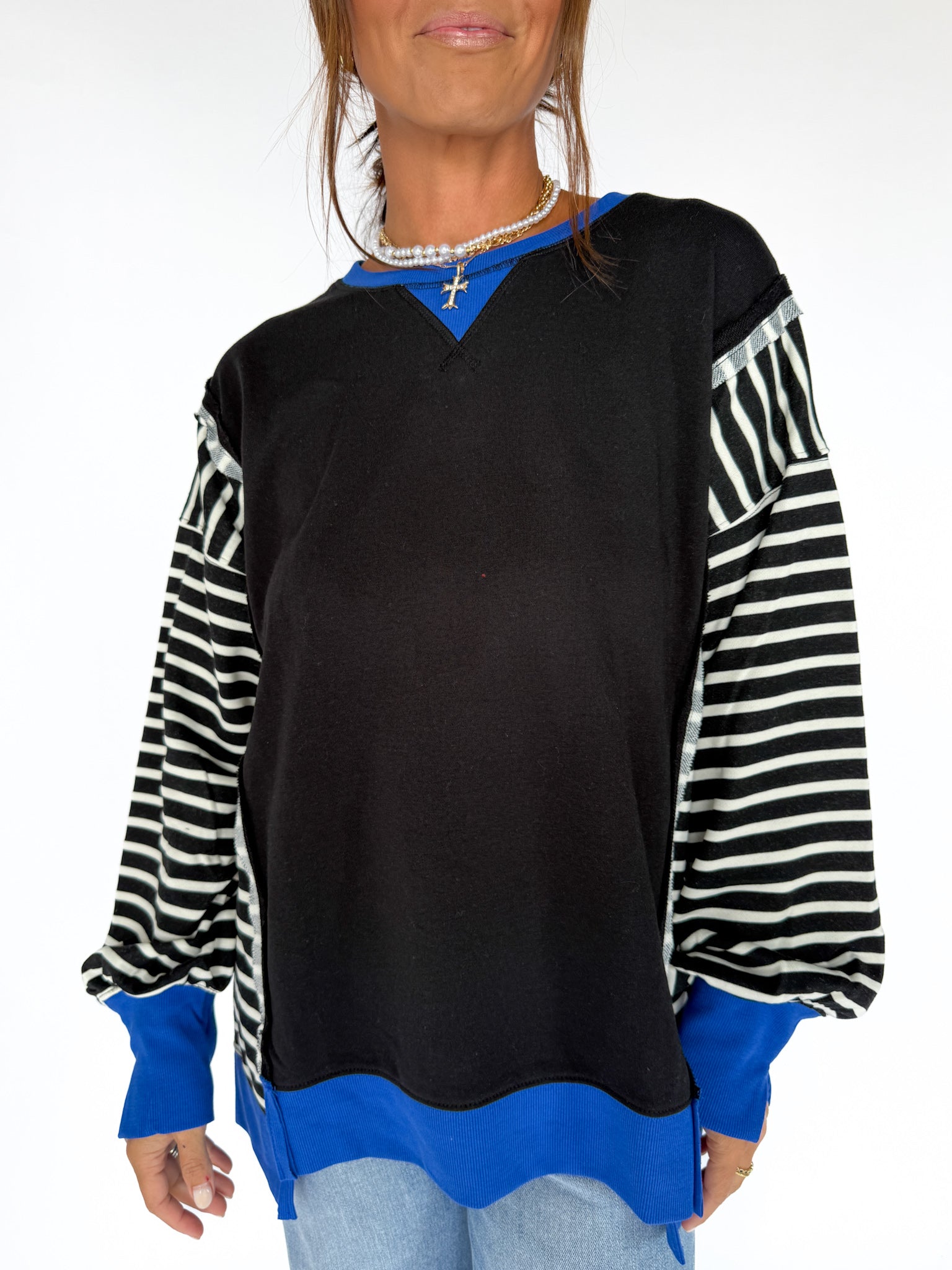 Stripe Sleeve Pullover-Blk/Blue - Ana Patricia Boutique