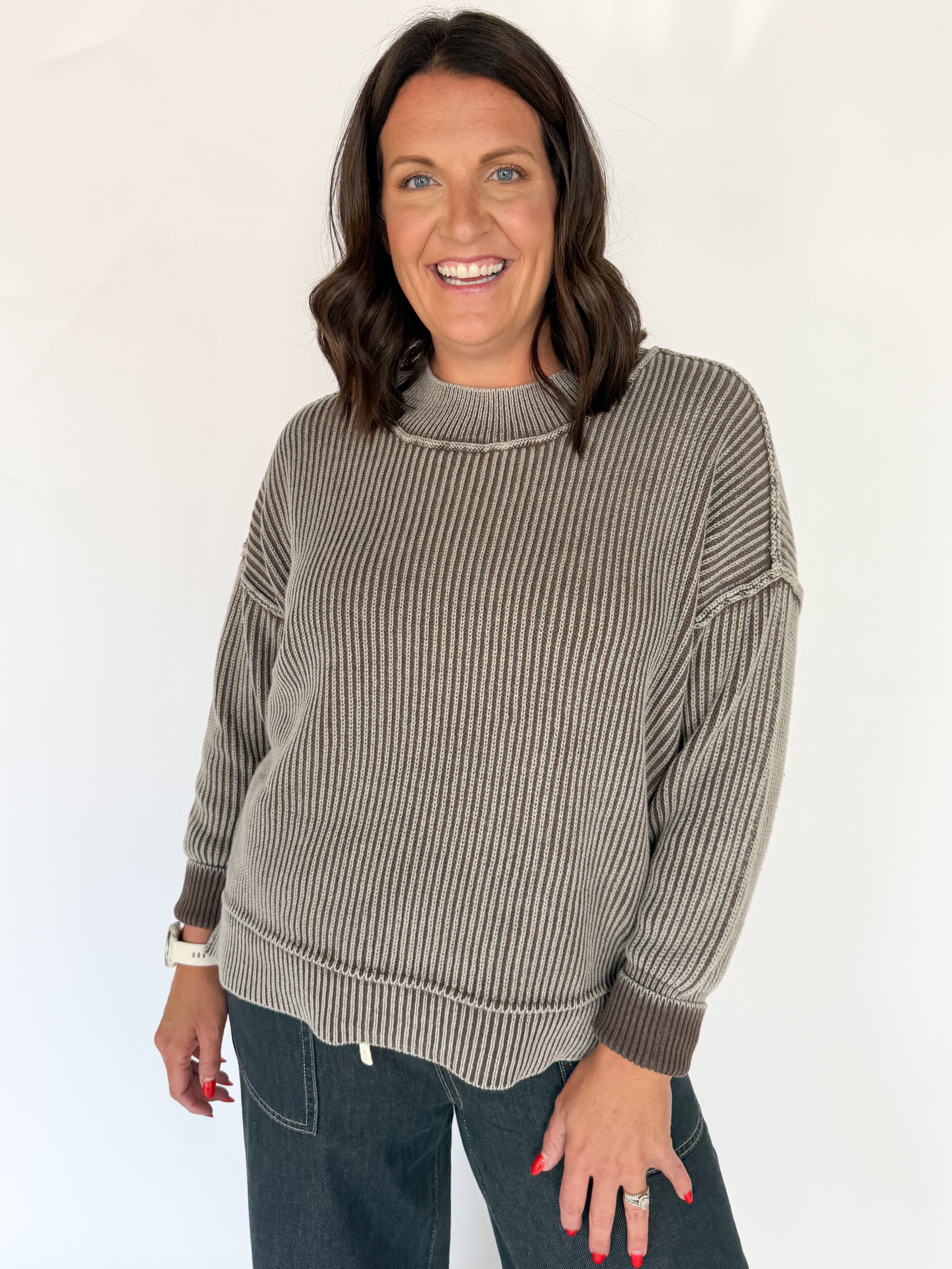 Washed Side Slit Sweater-Mocha - Ana Patricia Boutique