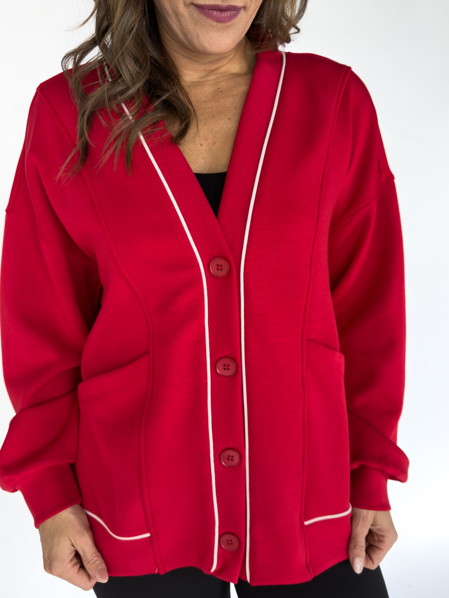 Scuba Piping Cardi- Red/Cream - Ana Patricia Boutique