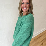 Cableknit V Neck Sweater-Jade - Ana Patricia Boutique