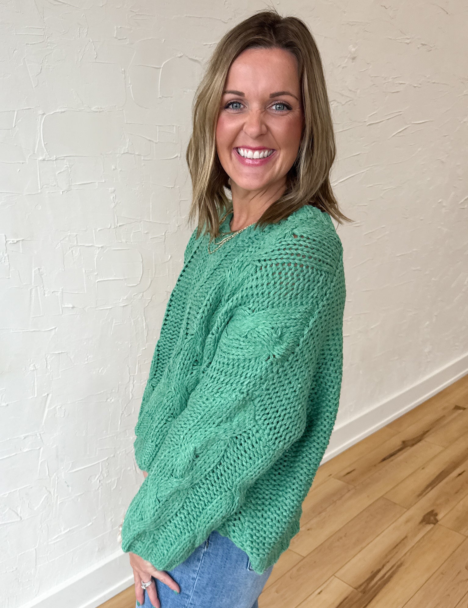Cableknit V Neck Sweater-Jade - Ana Patricia Boutique