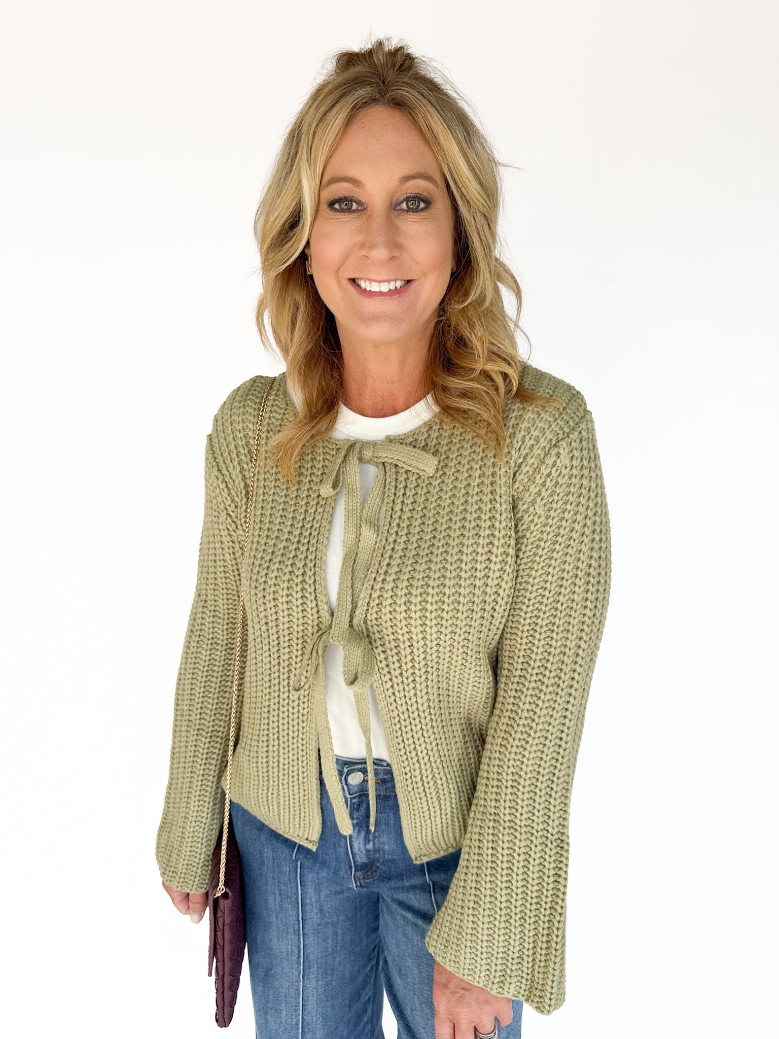 Knit Bow Cardigan Sweater- Olive - Ana Patricia Boutique