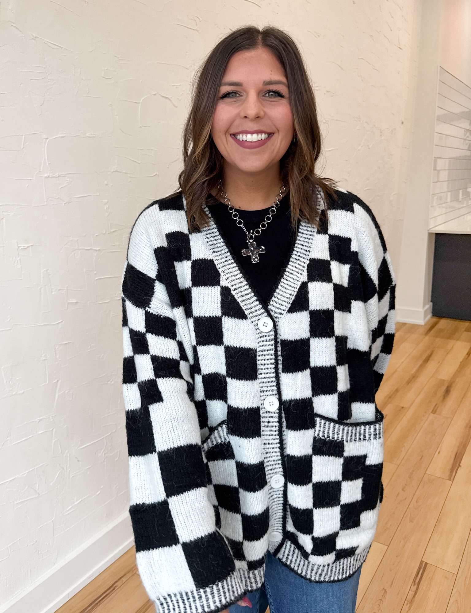 Checkered Sweater Cardigan- Blk/Wht - Ana Patricia Boutique