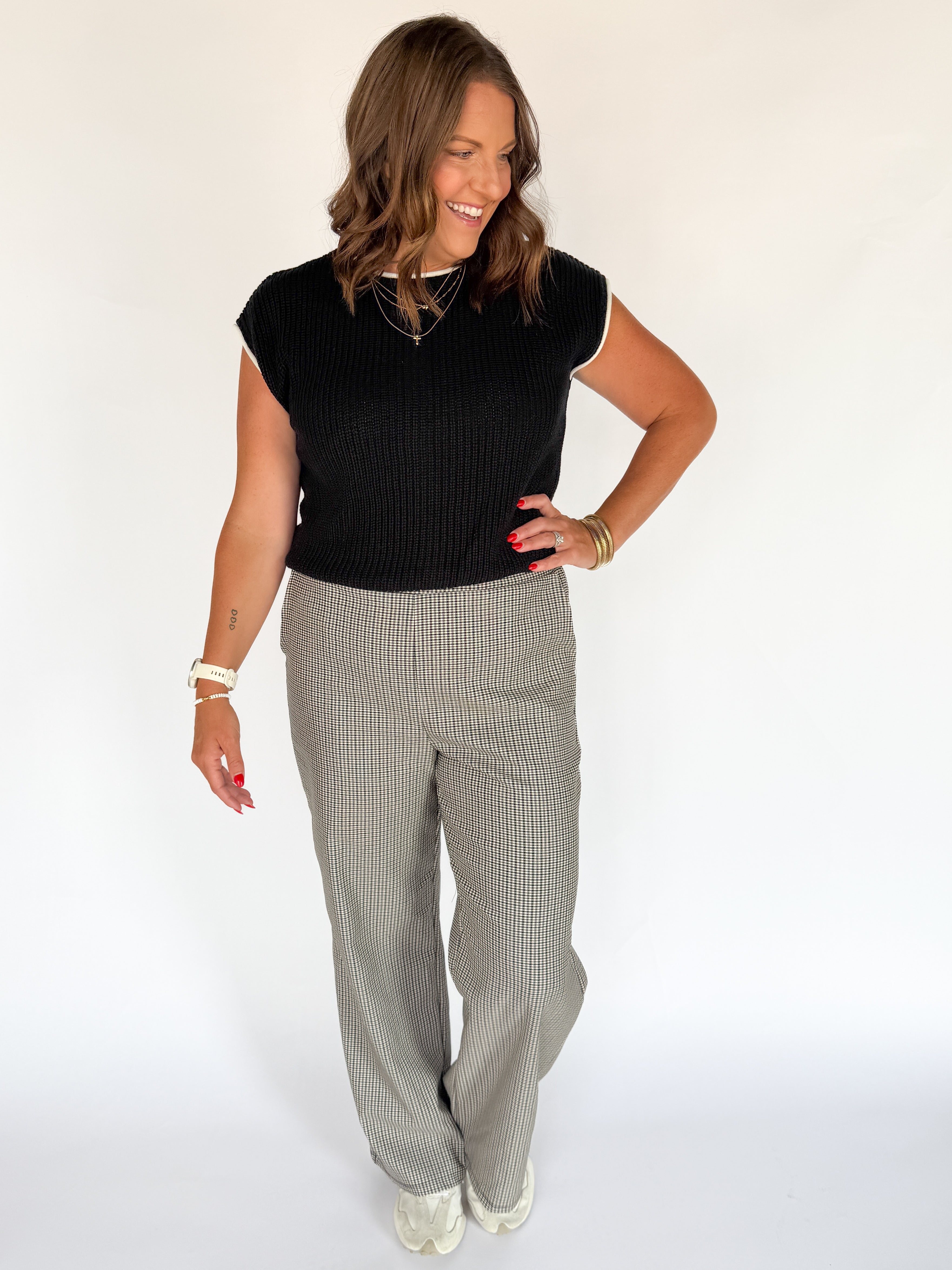 Pleated Check Pants-Beige/Grey - Ana Patricia Boutique