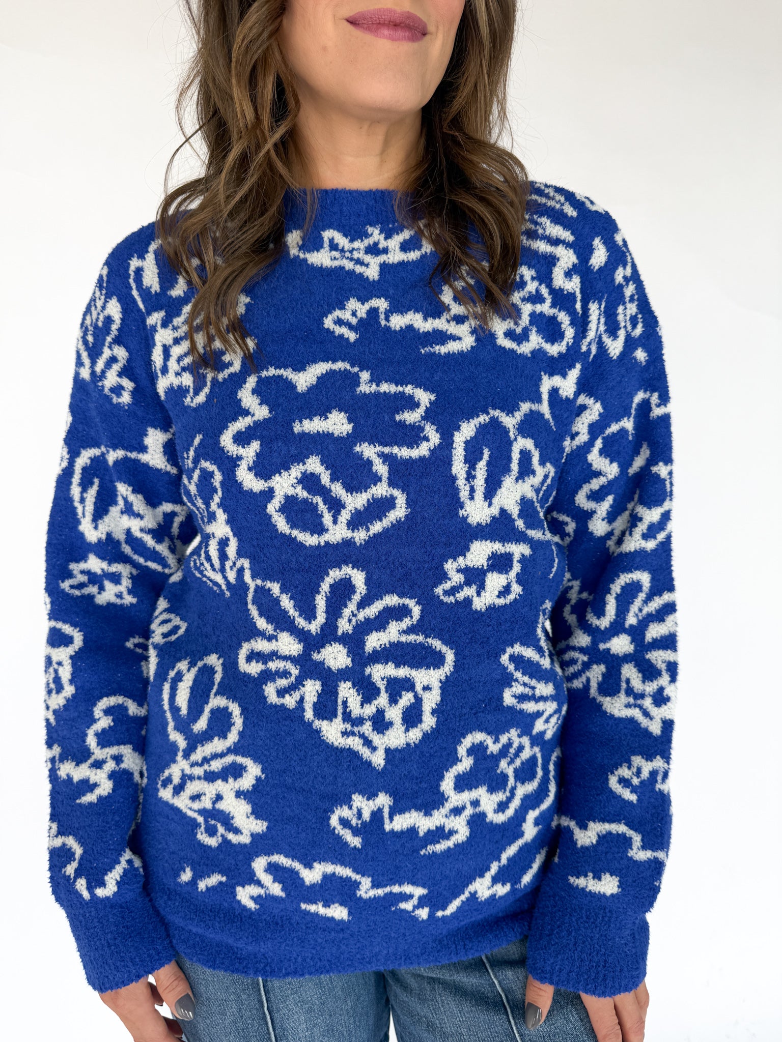 Boucle Floral Knit Sweater- Royal Blue - Ana Patricia Boutique