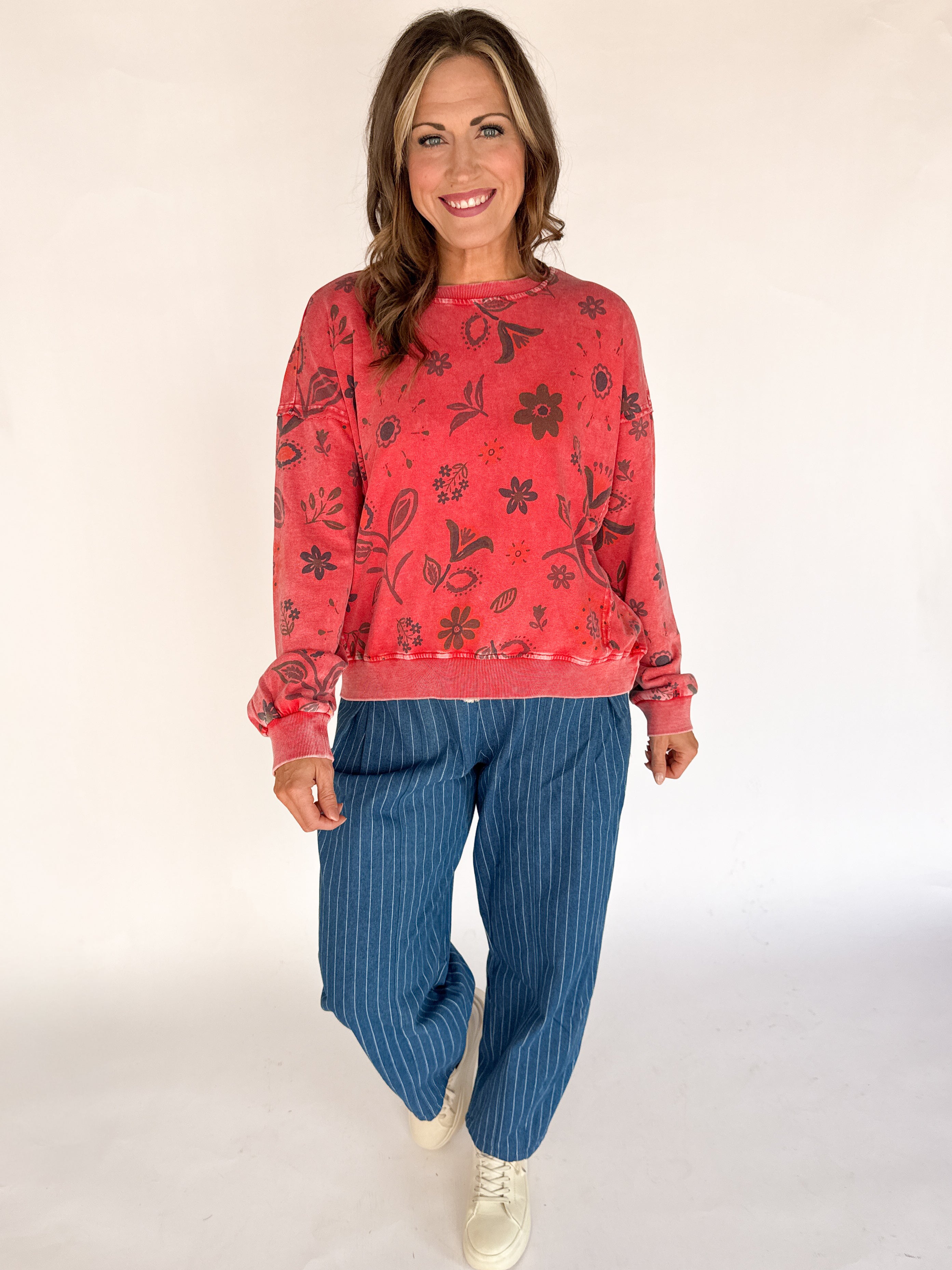 Floral Print Pullover- Boho Red - Ana Patricia Boutique
