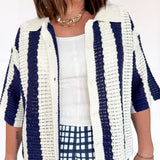 Collared Stripe Button Up Top- Navy - Ana Patricia Boutique