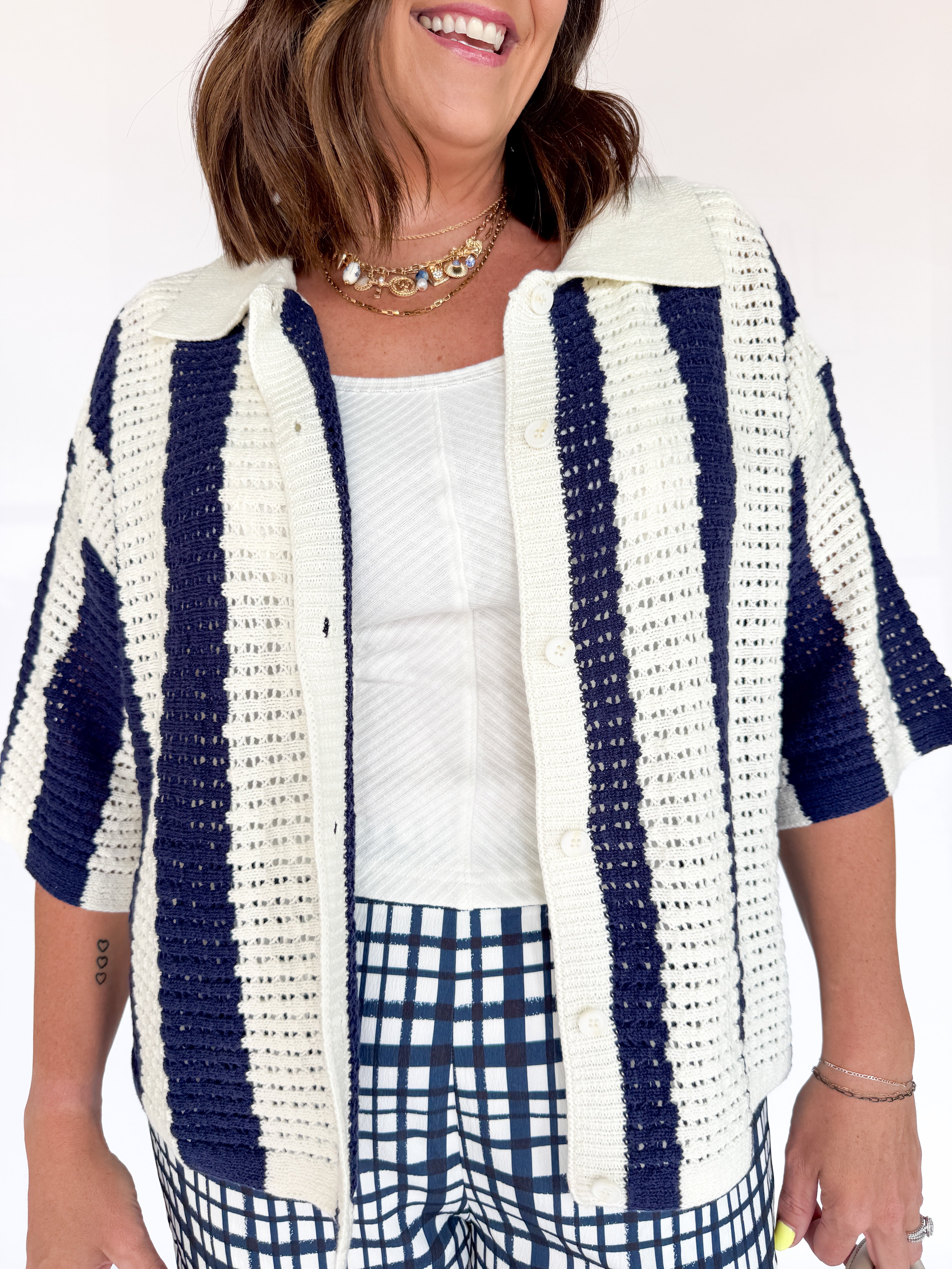 Collared Stripe Button Up Top- Navy - Ana Patricia Boutique