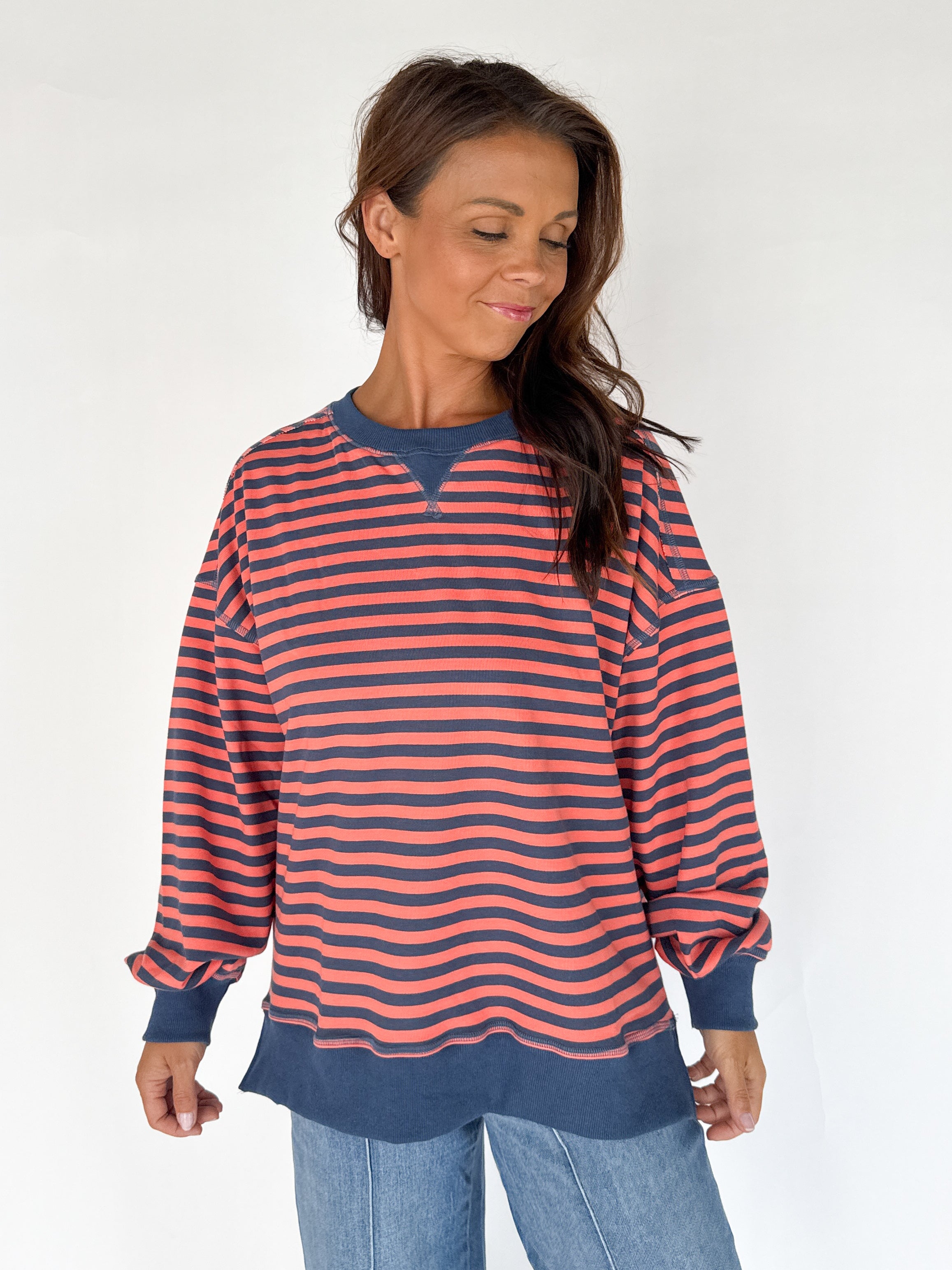 Stripe Comfy Pullover-Coral/Navy - Ana Patricia Boutique