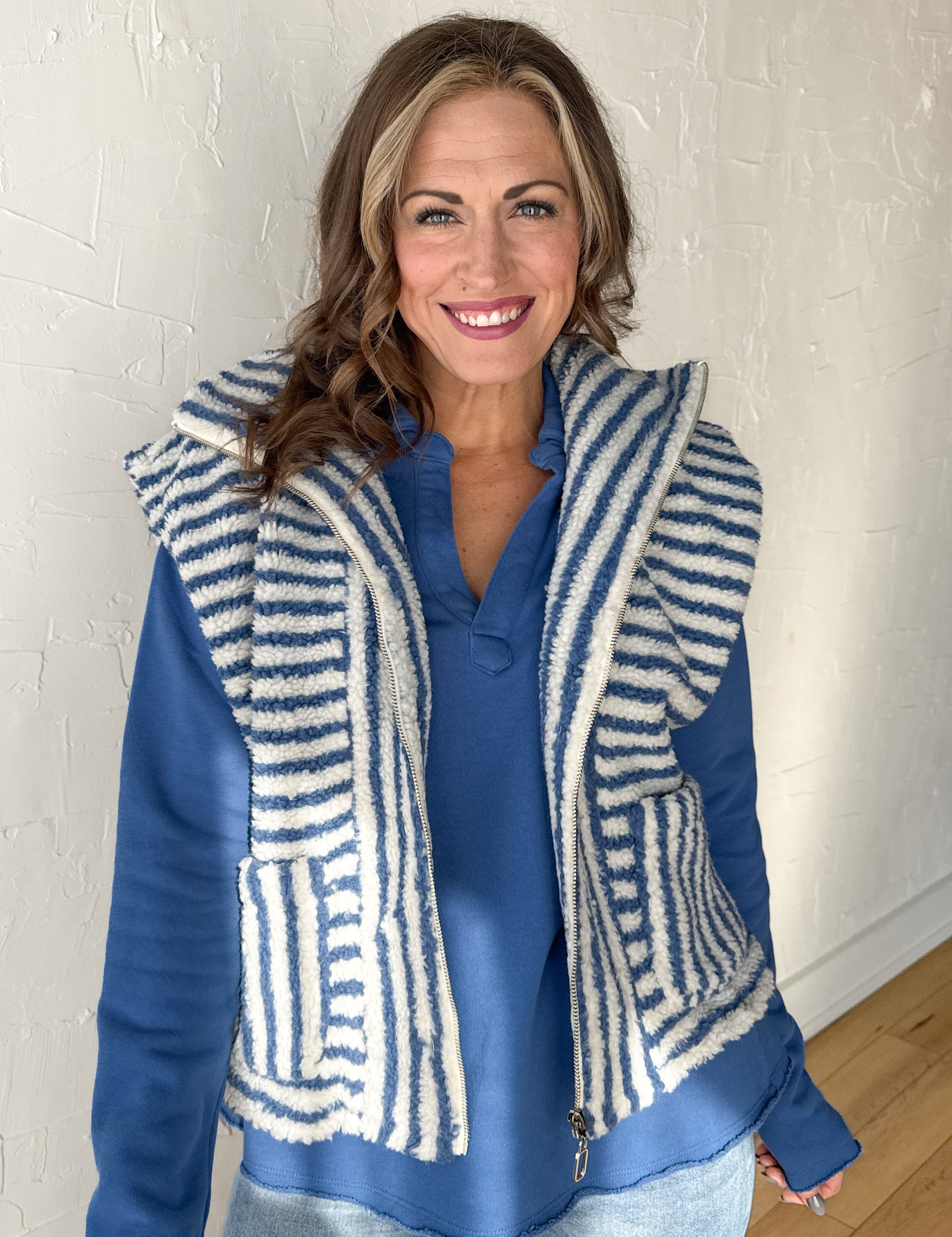 Stripe Zip Up Vest- Blue - Ana Patricia Boutique