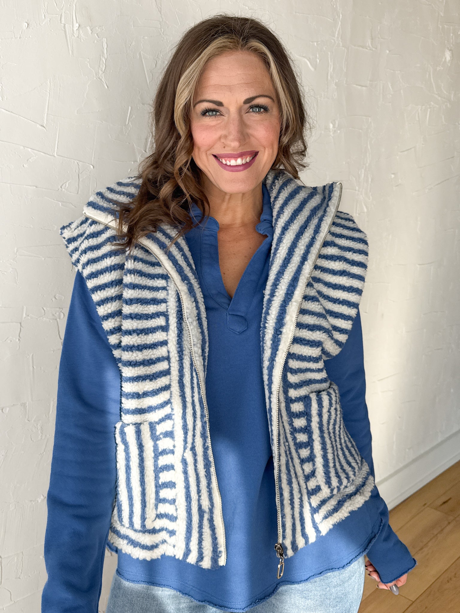 Stripe Zip Up Vest- Blue - Ana Patricia Boutique