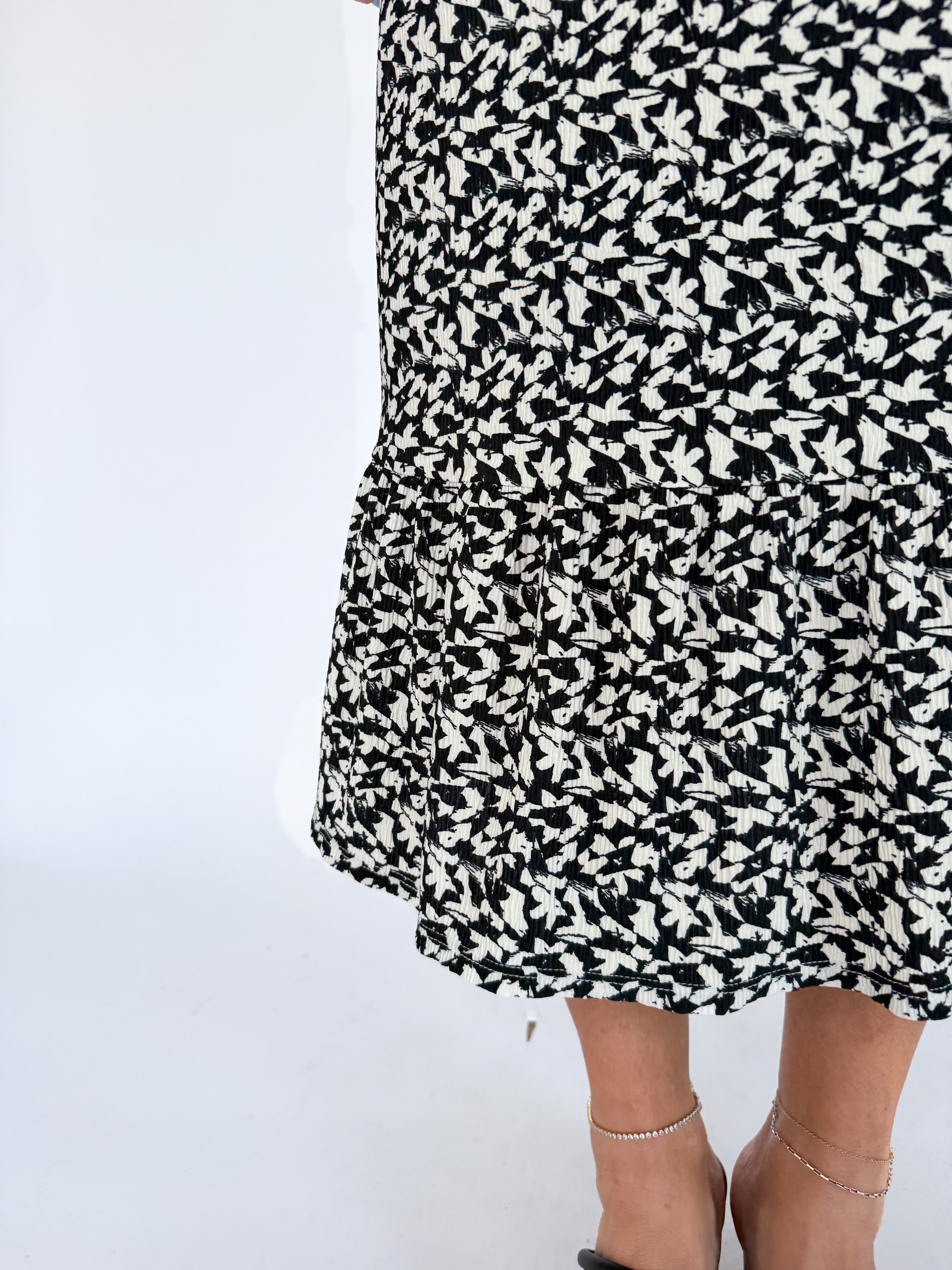 Abstract Print Midi Dress- Black/Ivory - Ana Patricia Boutique