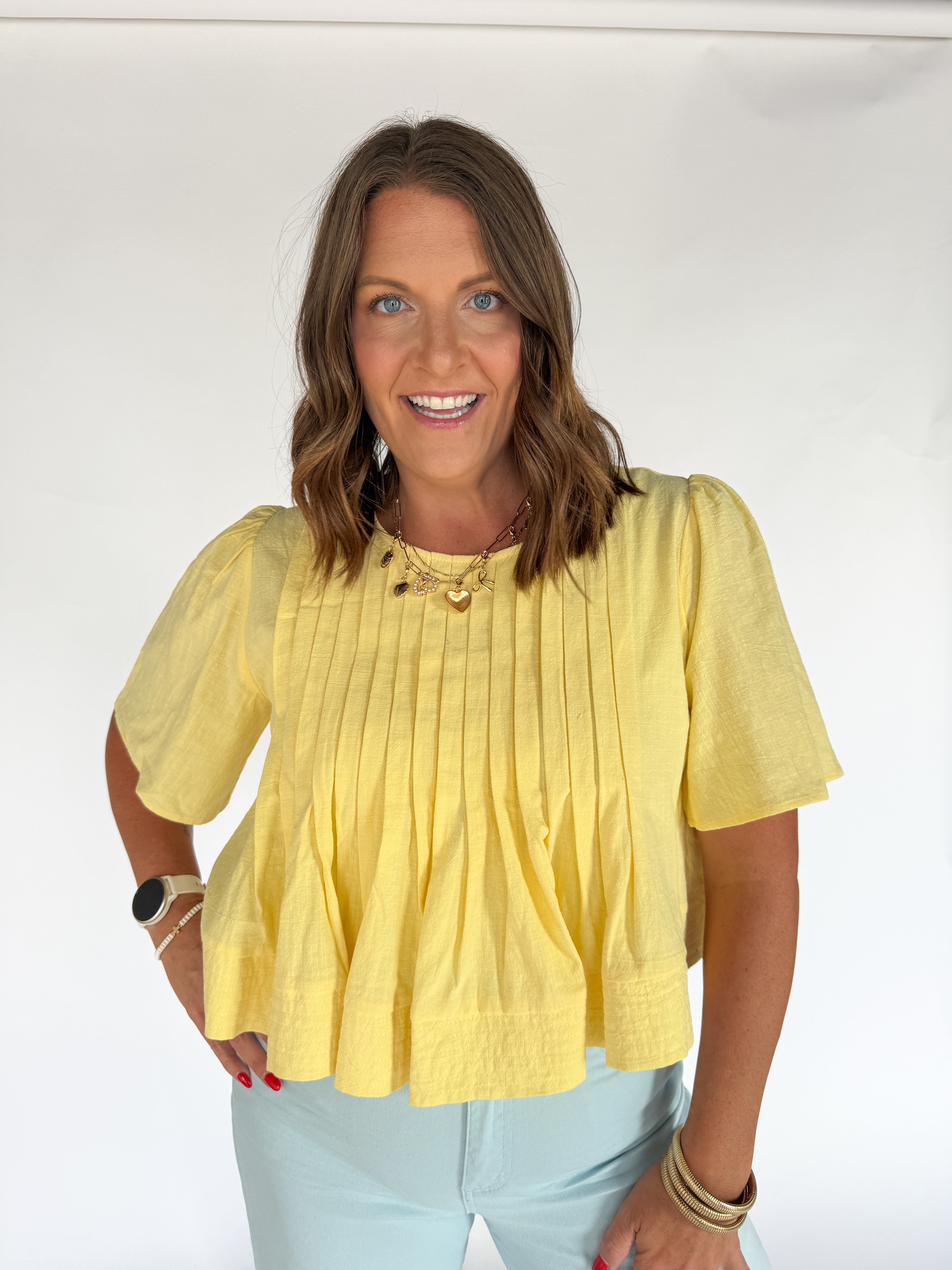 Flutter Sleeve Pintuck Top- Yellow - Ana Patricia Boutique