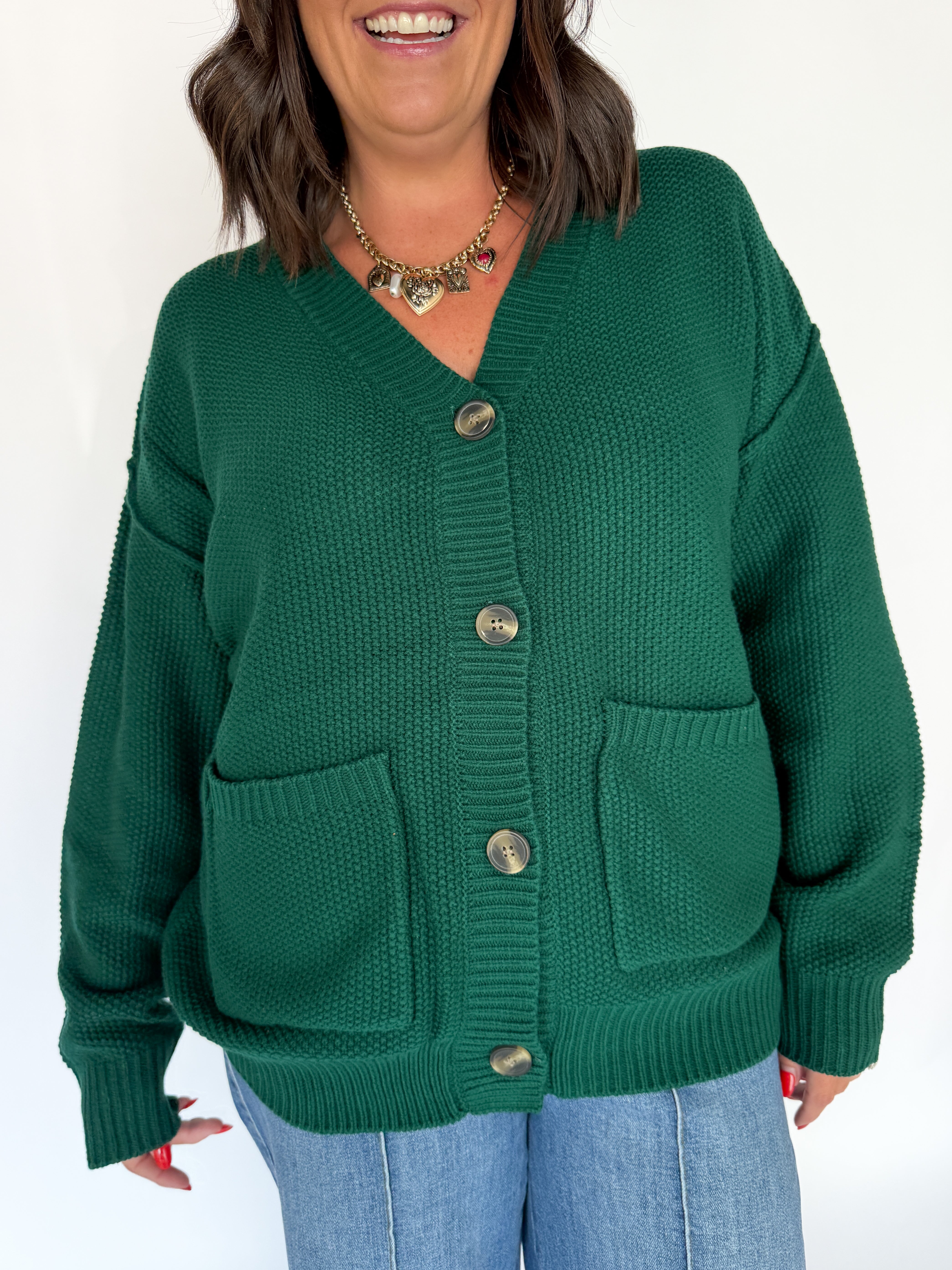 V Neck Waffleknit Cardigan- Dark Green - Ana Patricia Boutique