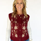 Floral Sweater Vest- Burgundy