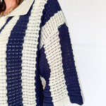 Collared Stripe Button Up Top- Navy - Ana Patricia Boutique