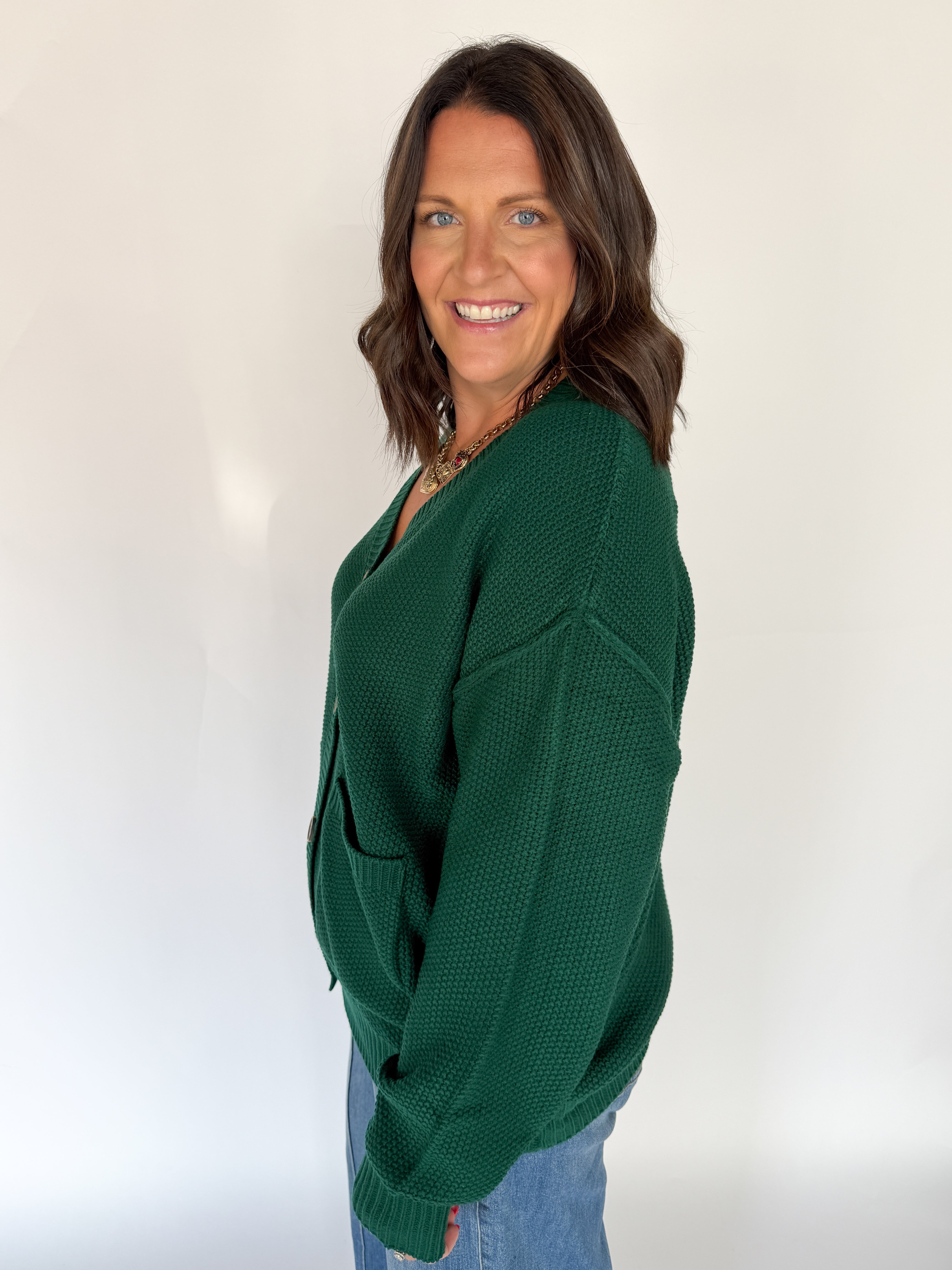 V Neck Waffleknit Cardigan- Dark Green - Ana Patricia Boutique