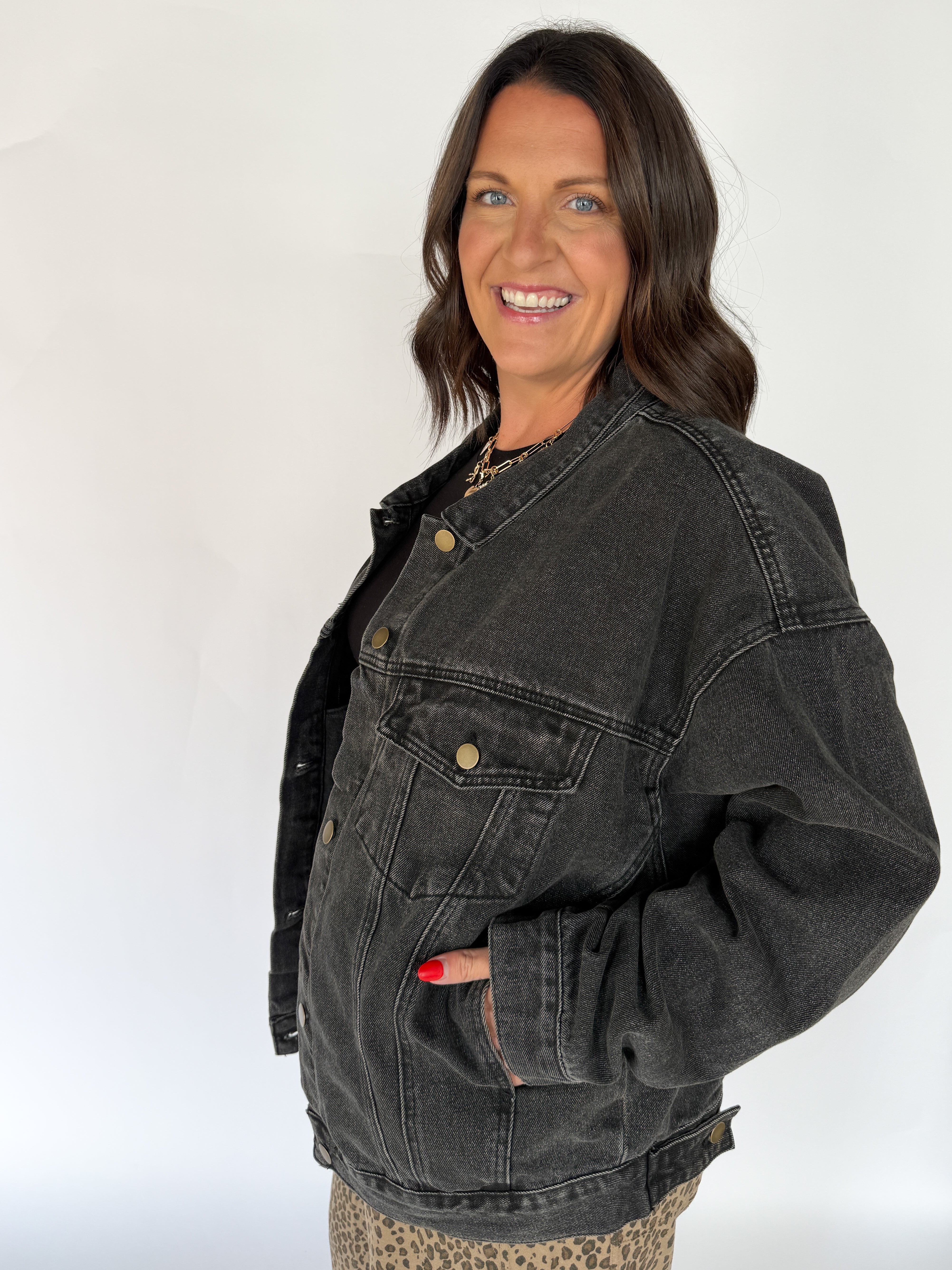 Boxy Cut Denim Jacket- Charcoal - Ana Patricia Boutique