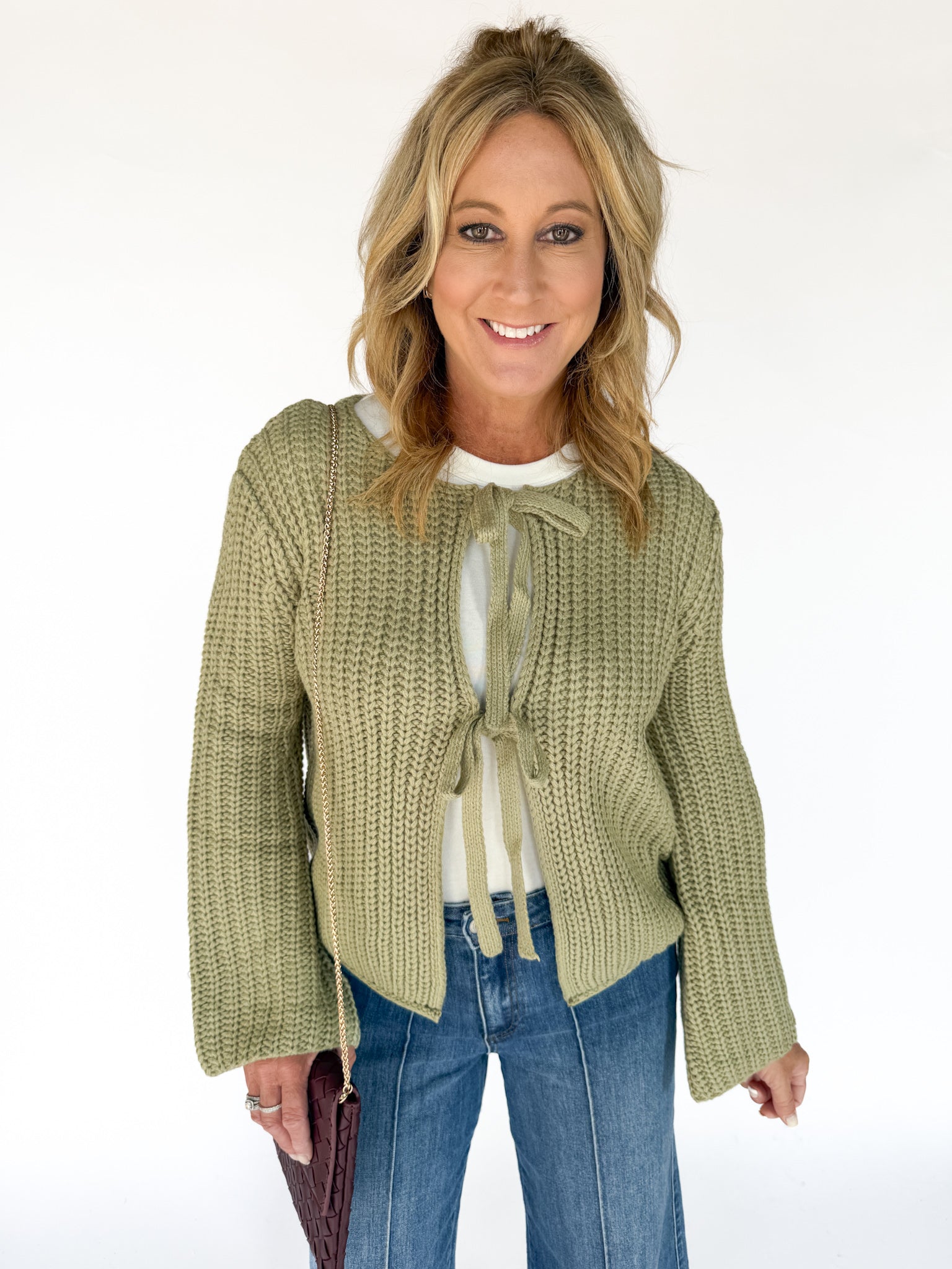 Knit Bow Cardigan Sweater- Olive - Ana Patricia Boutique