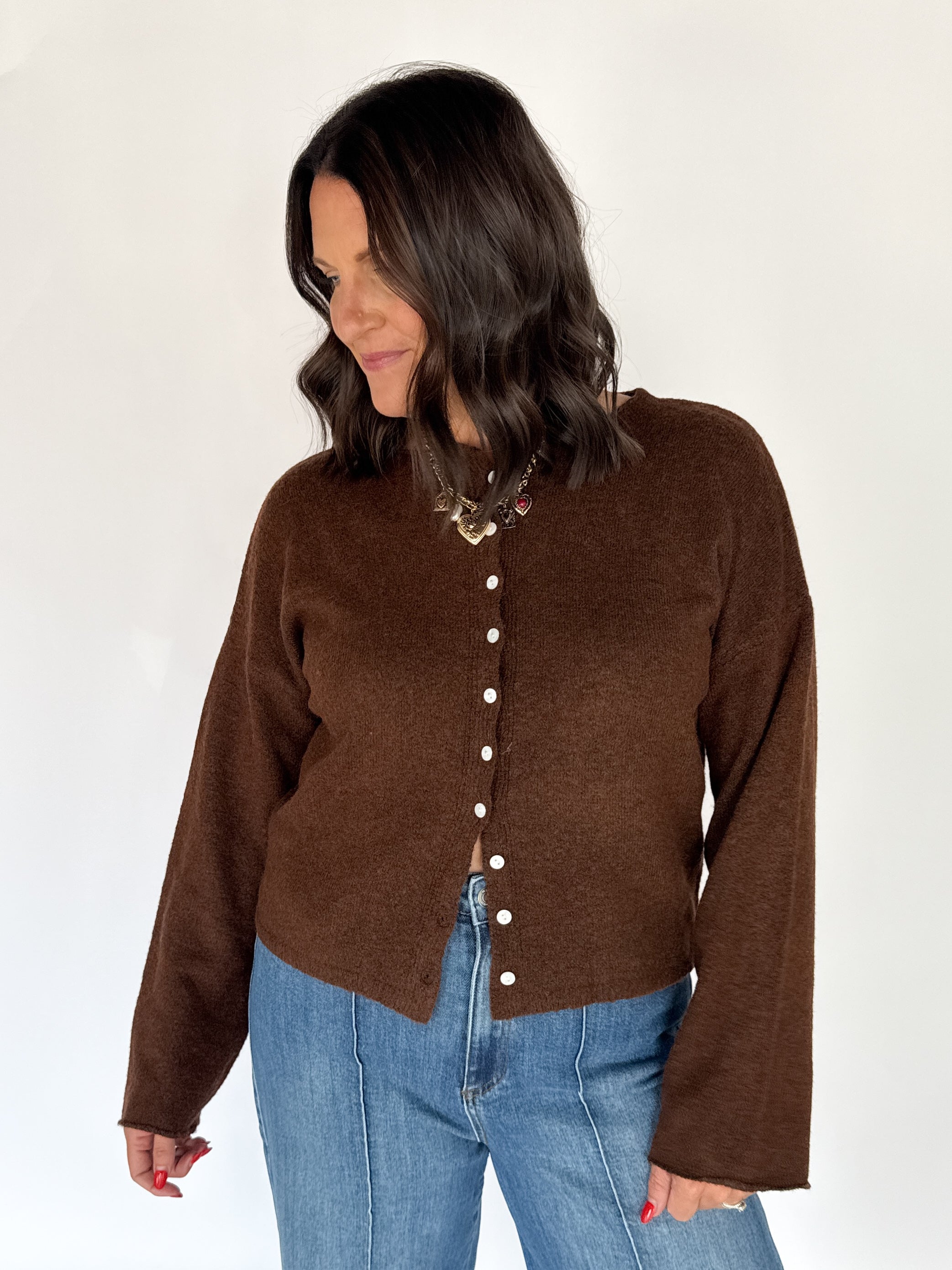 Classic Button Cardigan Top- Chocolate - Ana Patricia Boutique