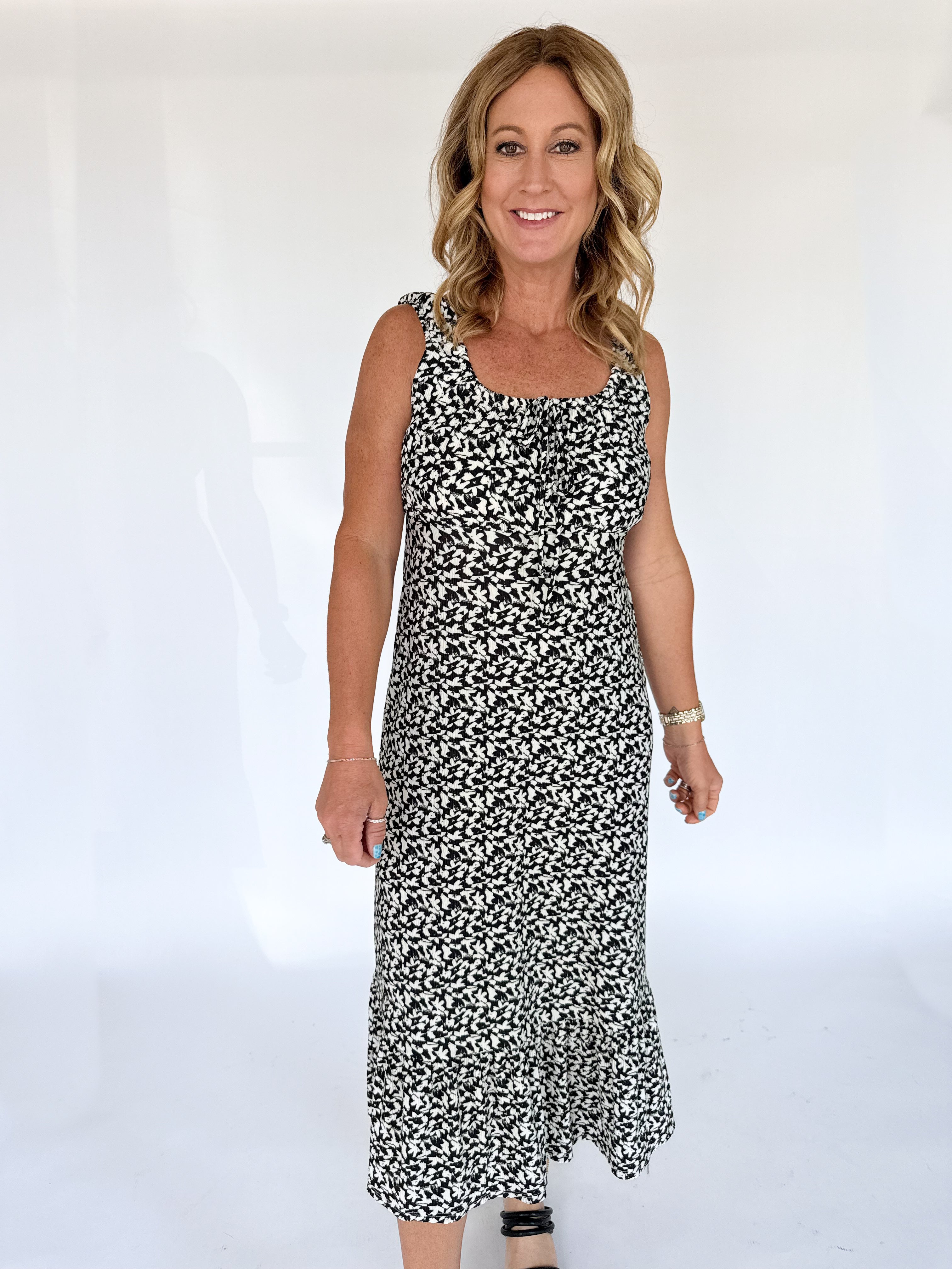 Abstract Print Midi Dress- Black/Ivory - Ana Patricia Boutique