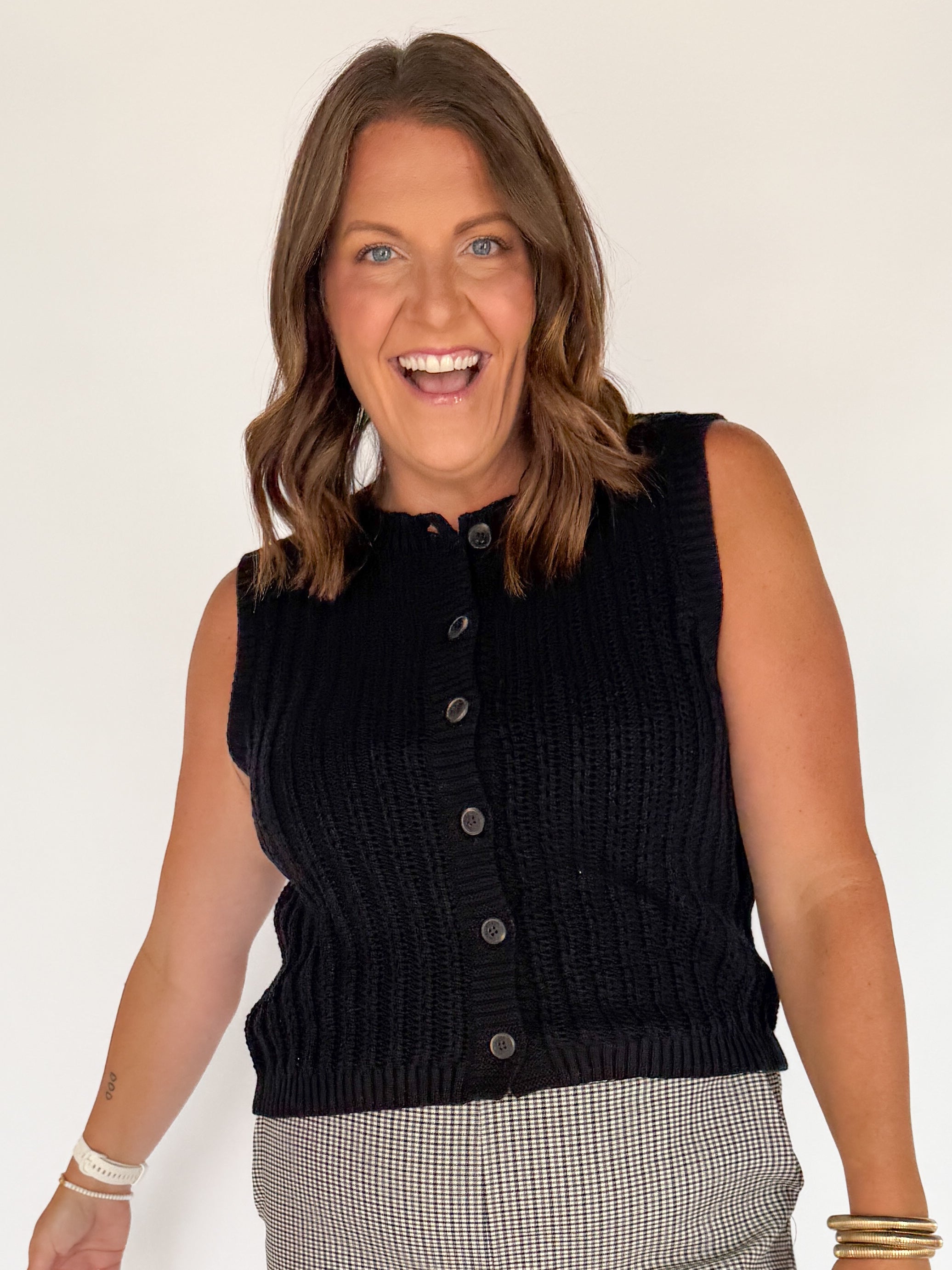 Crewneck Button Down Sweater Top- Black - Ana Patricia Boutique