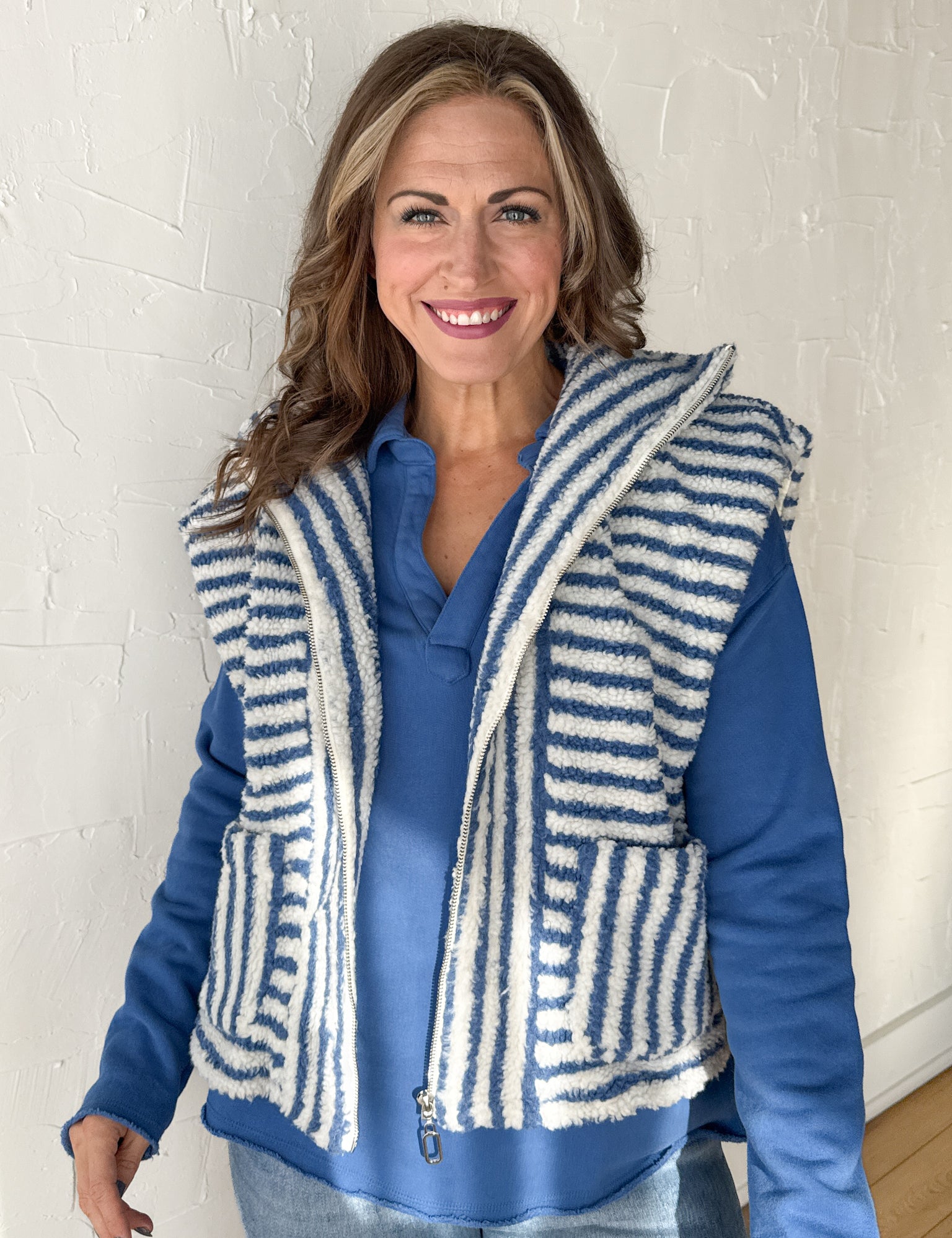 Stripe Zip Up Vest- Blue - Ana Patricia Boutique