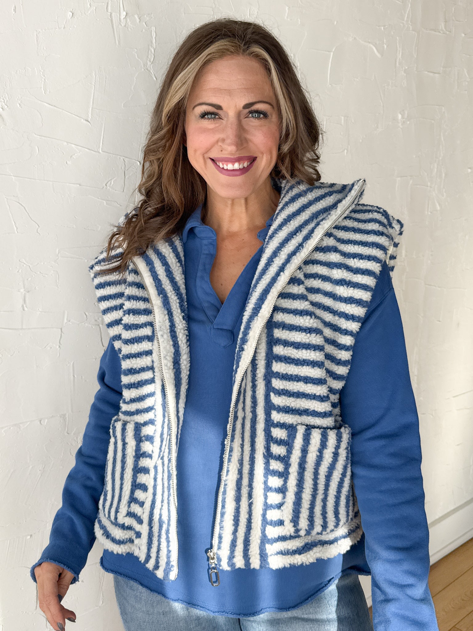 Stripe Zip Up Vest- Blue - Ana Patricia Boutique