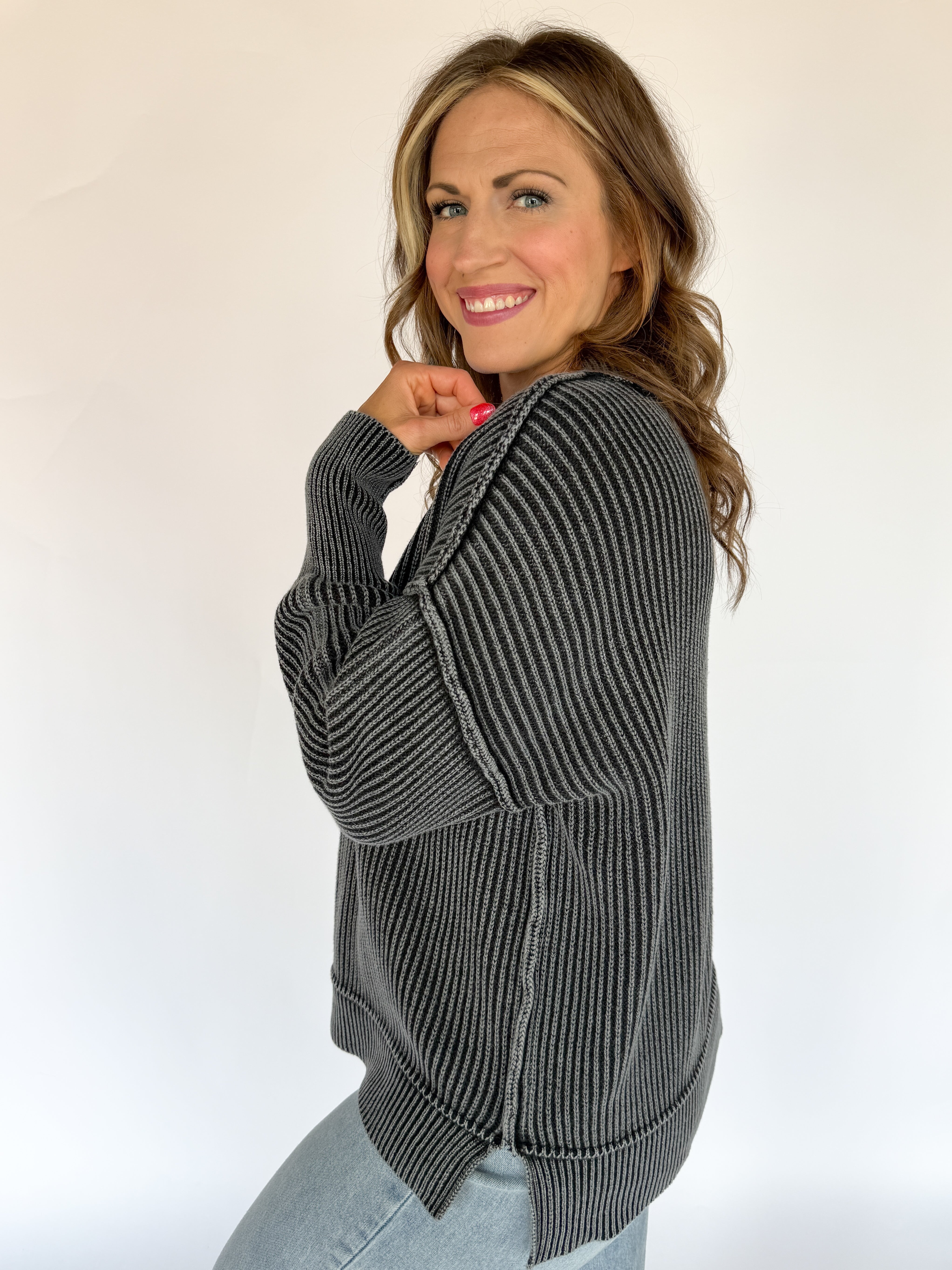 Washed Side Slit Sweater-Black - Ana Patricia Boutique