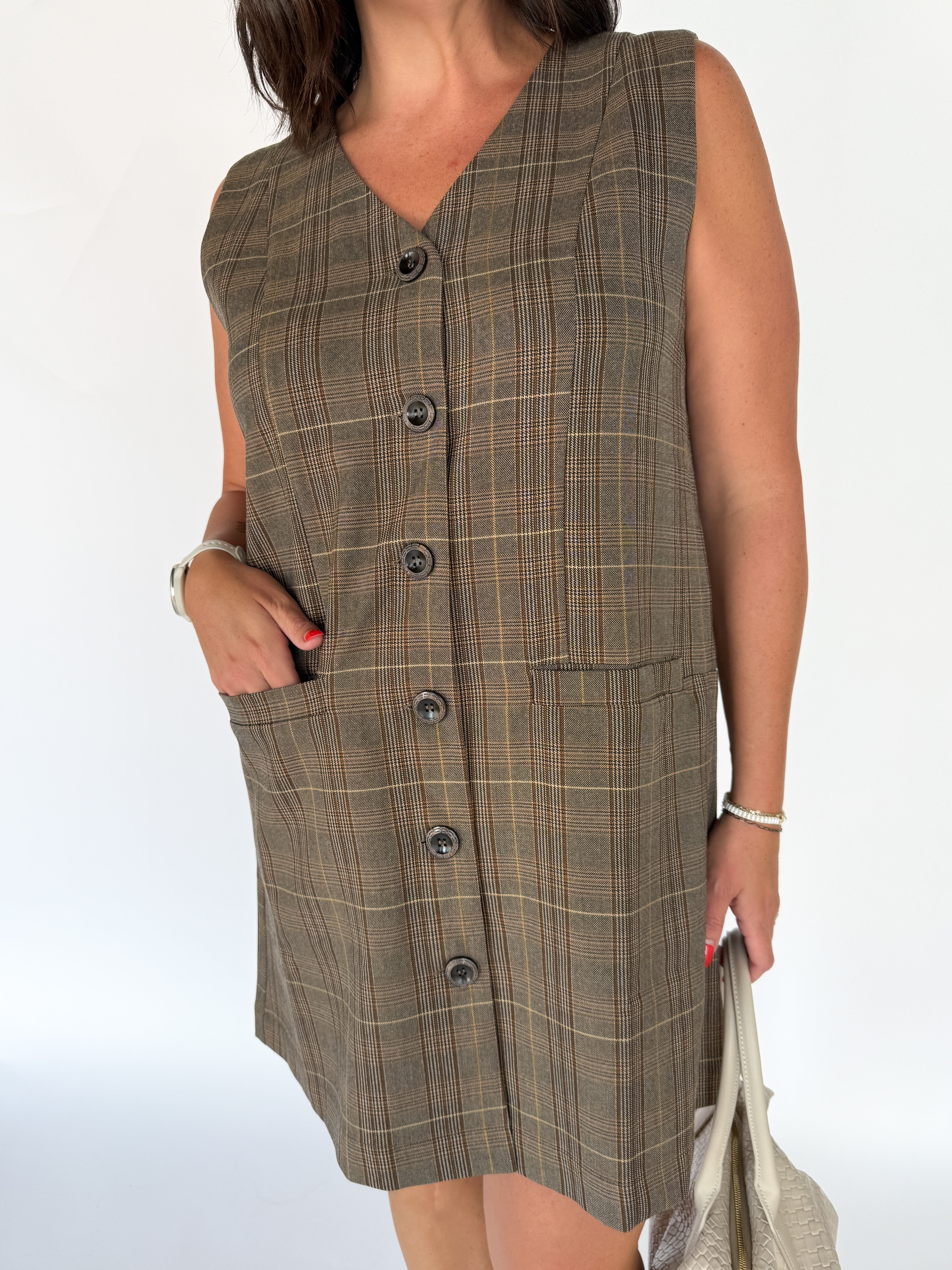 Button Down Plaid Dress- Brown - Ana Patricia Boutique