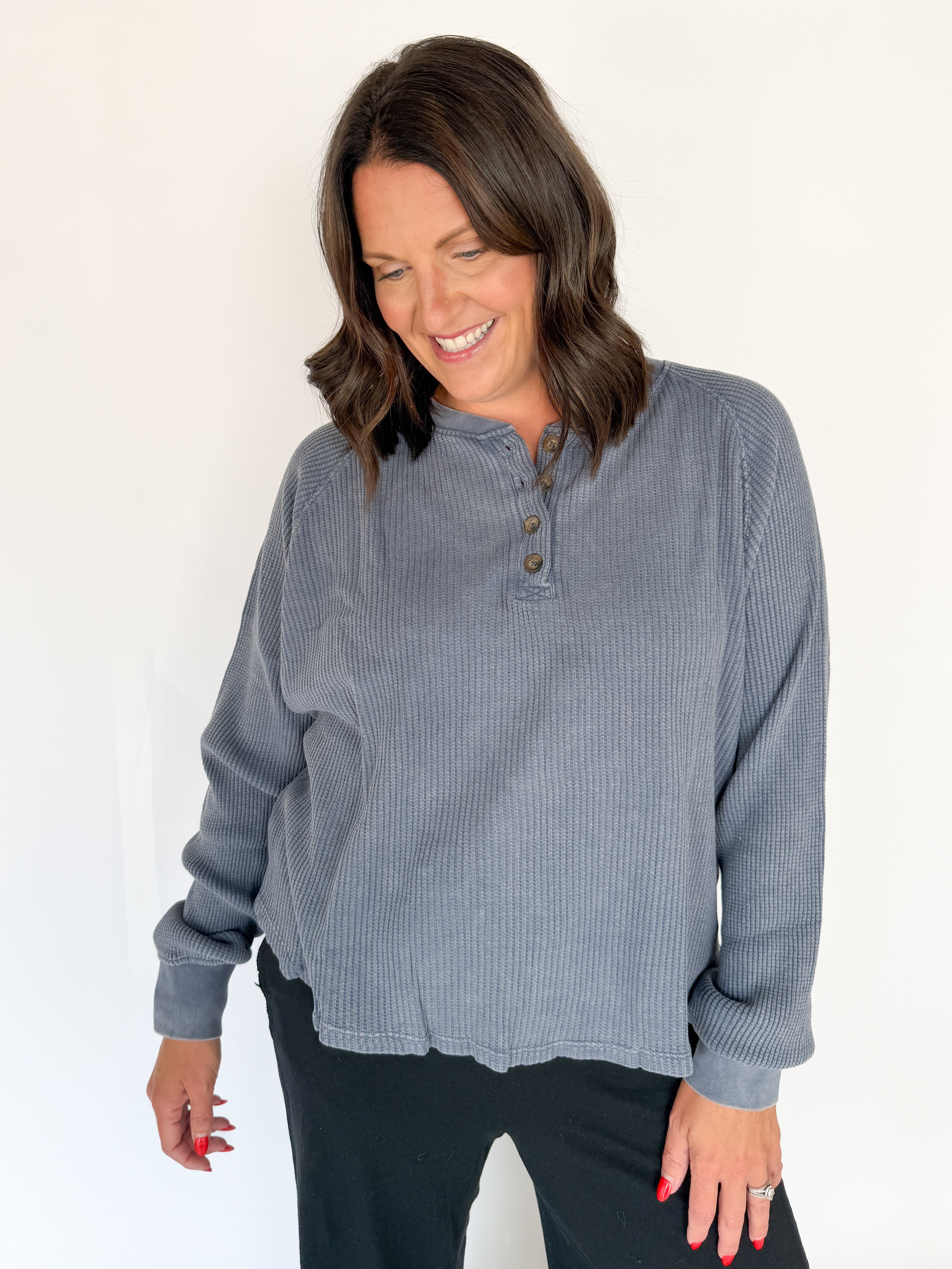 Washed Henley Top- Dsty Navy - Ana Patricia Boutique