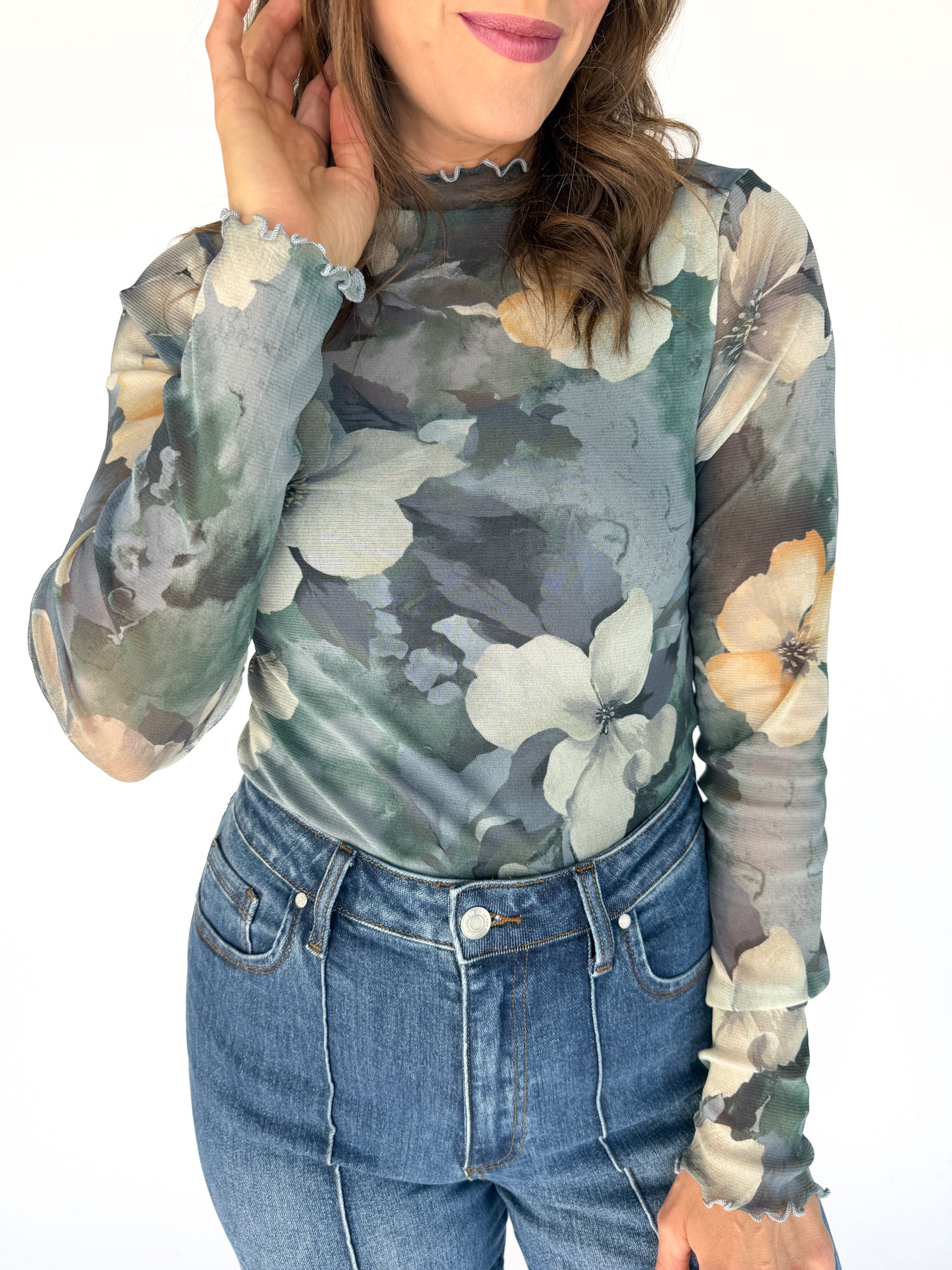 Mesh Floral Top- Blue - Ana Patricia Boutique