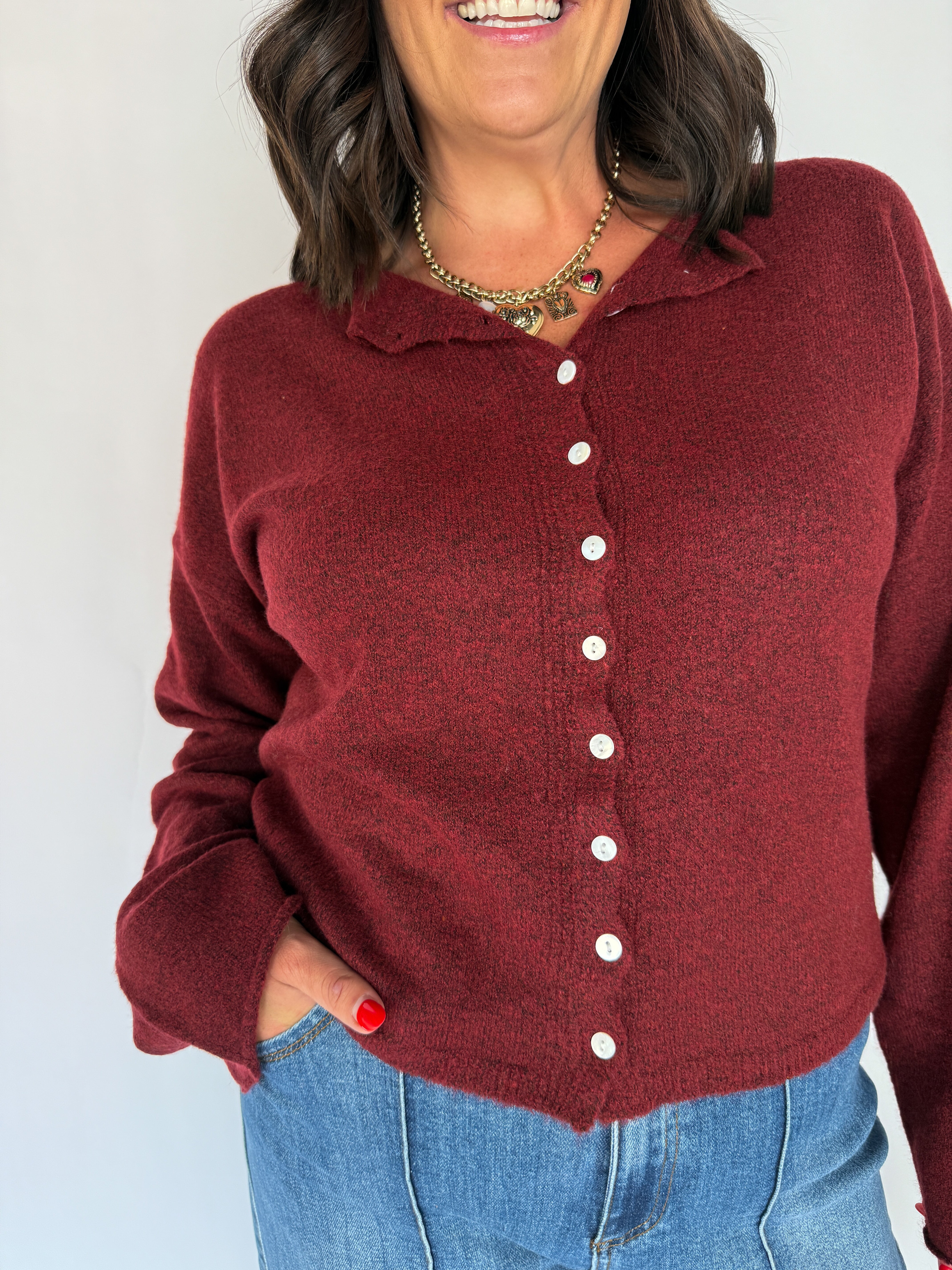 Classic Button Cardigan Top- Burgundy - Ana Patricia Boutique