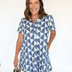 Geometric Button Up Dress- Blue - Ana Patricia Boutique